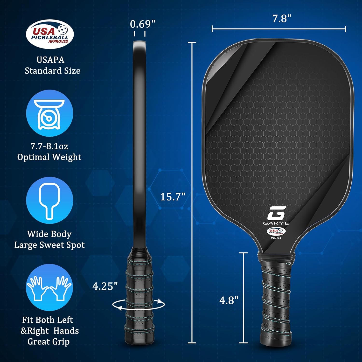 GARYE Pickleball Paddles Set of 4, Carbon Fiber Pickle Ball Paddle, USAPA Approved Lightweight Rackets 4 Pack for Adults and Teenagers, Includes 6 Balls, 1 Bag, and 4 Grip Tapes - Image 5