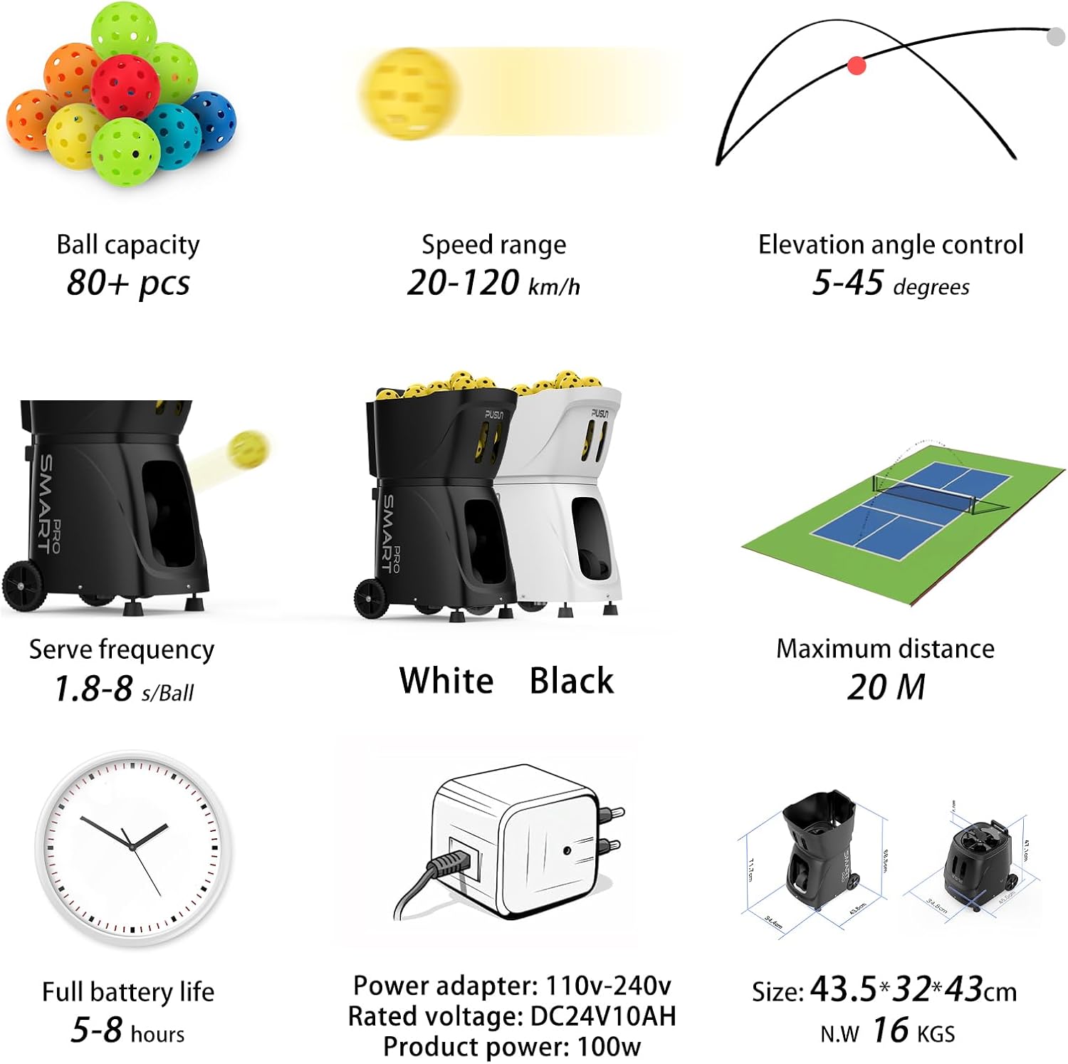 PP-Smart PRO Pickleball Machine - 85+ Ball Capacity, Adjustable Speed (20-120km/h), Smart App Control, 5-45° Angle Adjustment, Perfect for Beginners, Club Training & School Teaching - Image 3