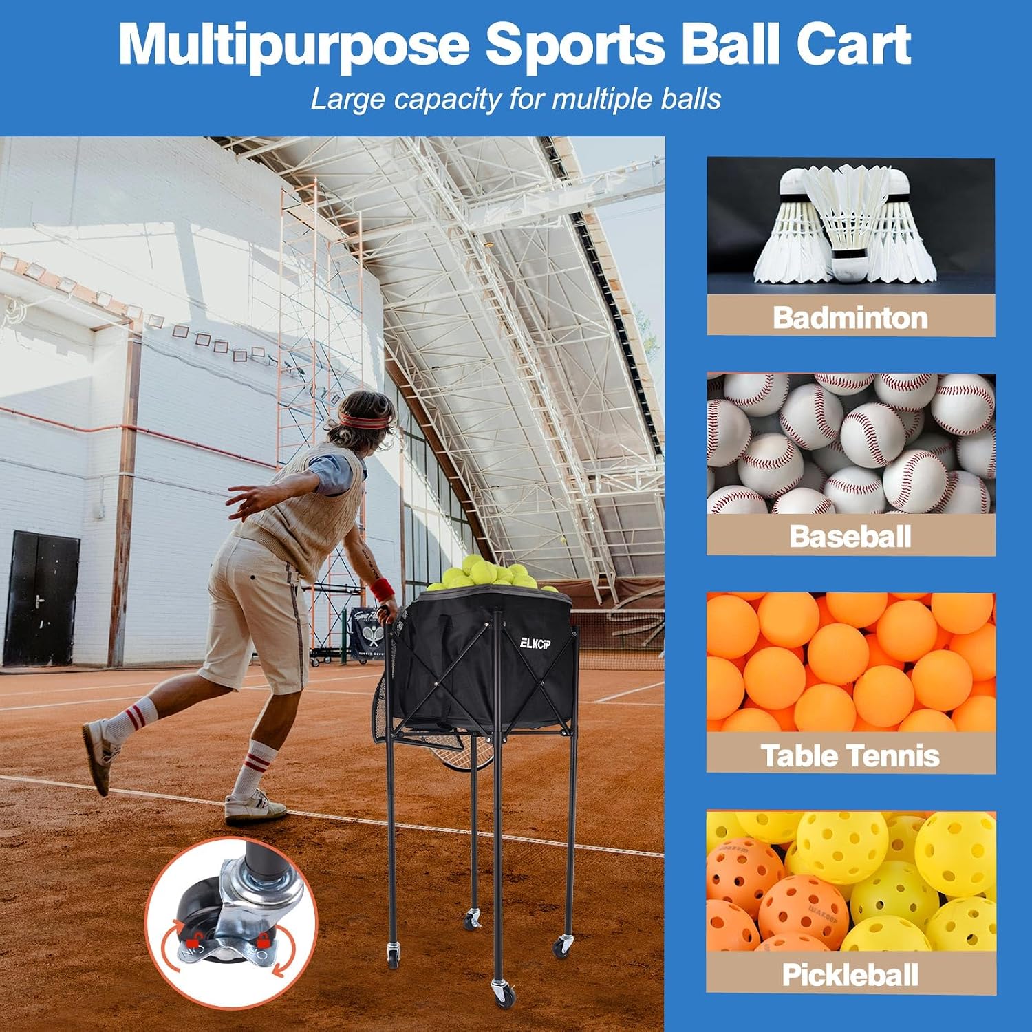 Portable Pickleball & Tennis Ball Hopper with Wheels, Foldable Sports Balls Teaching Cart, Lightweight Softball Caddy, Large Capacity Baseball Basket Carrier for Training - Image 4