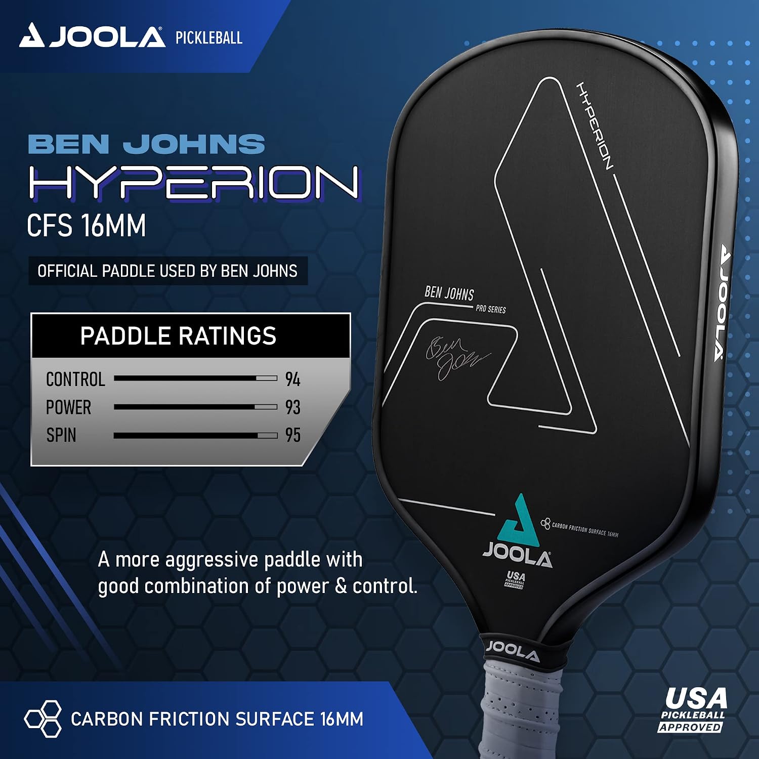 JOOLA Ben Johns Hyperion CFS Pickleball Paddle – Carbon Surface with High Grit & Spin, Elongated Handle, USAPA Approved Ben Johns Paddle - Image 2
