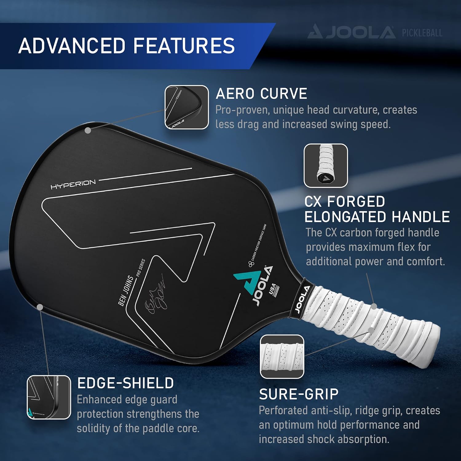 JOOLA Ben Johns Hyperion CFS Pickleball Paddle – Carbon Surface with High Grit & Spin, Elongated Handle, USAPA Approved Ben Johns Paddle - Image 3