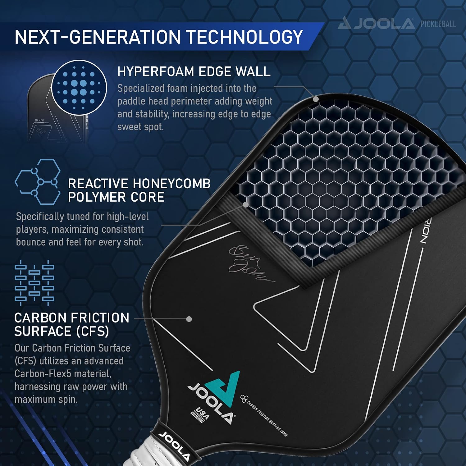 JOOLA Ben Johns Hyperion CFS Pickleball Paddle – Carbon Surface with High Grit & Spin, Elongated Handle, USAPA Approved Ben Johns Paddle - Image 4