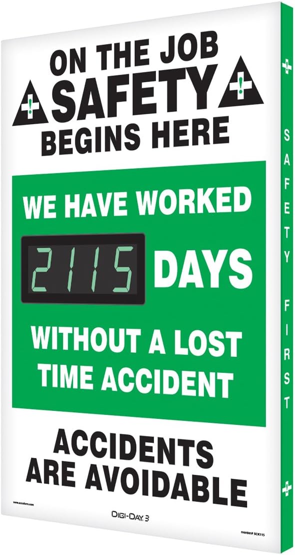Accuform SCK115 Aluminum Digi-Day Electronic Scoreboard, "ON THE JOB SAFETY BEGINS HERE - WE HAVE WORKED #### DAYS WITHOUT A LOST TIME ACCIDENT - ACCIDENTS ARE AVOIDABLE"