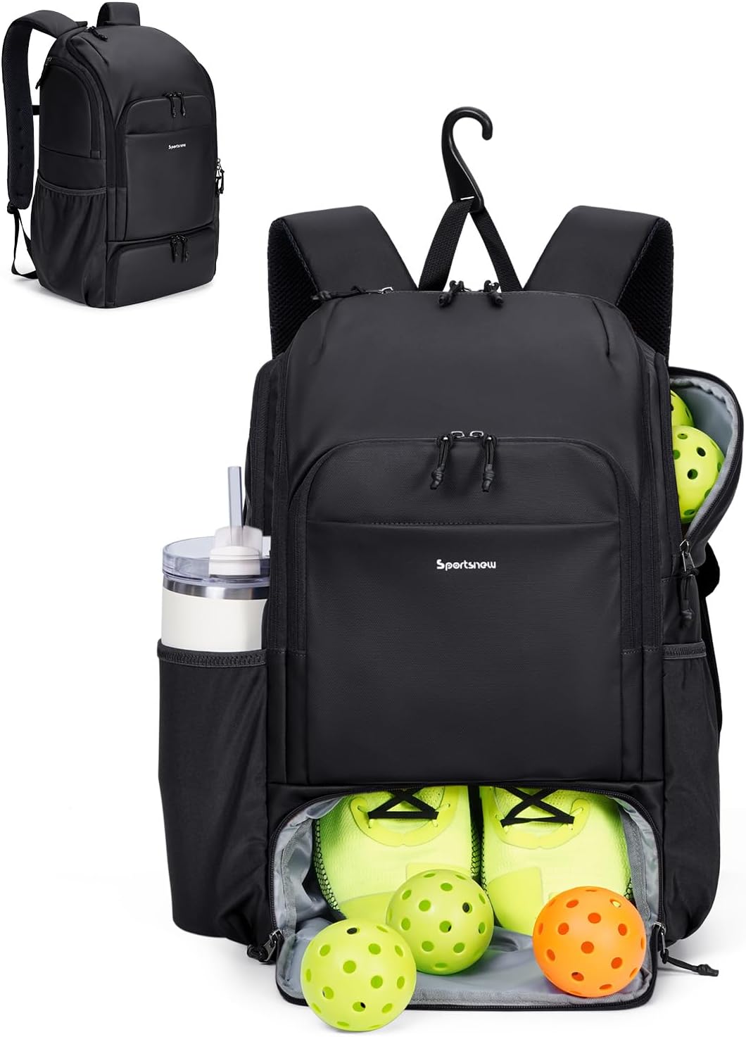 sportsnew Waterproof Pickleball Bag Men Women W/Shoe Compartment Fence Hook | 2 separate pickleball pockets, 40oz handled tumbler pocket, 30L capacity, adjustable straps,breath back panel, Ext Zip pull