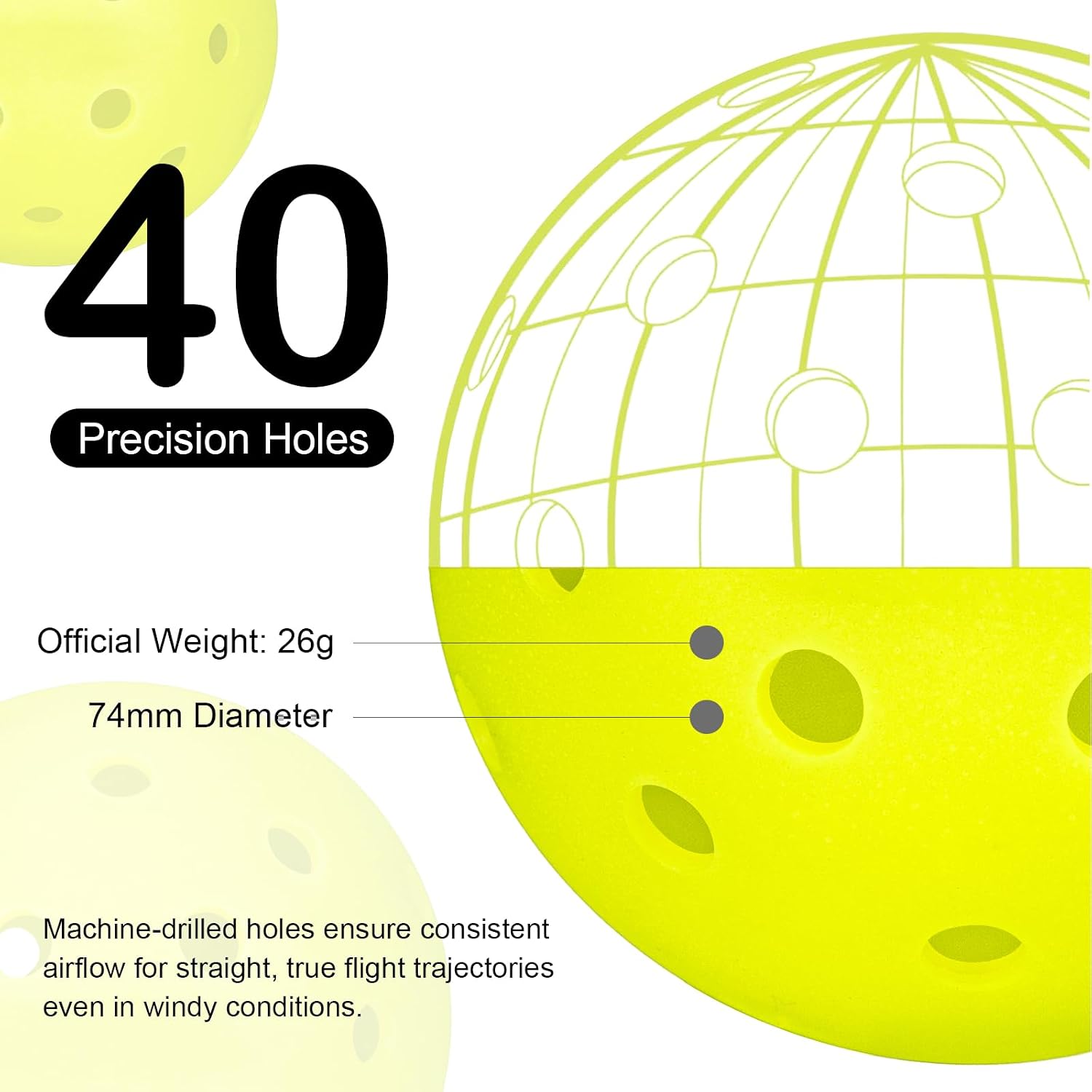 cyclotron P-40 Outdoor Pickleball Balls – USAPA Approved Pickleballs, 40-Hole Precision Design, High Visibility, Durable Seamless HDPE Construction, 3/6 Pack - Image 2