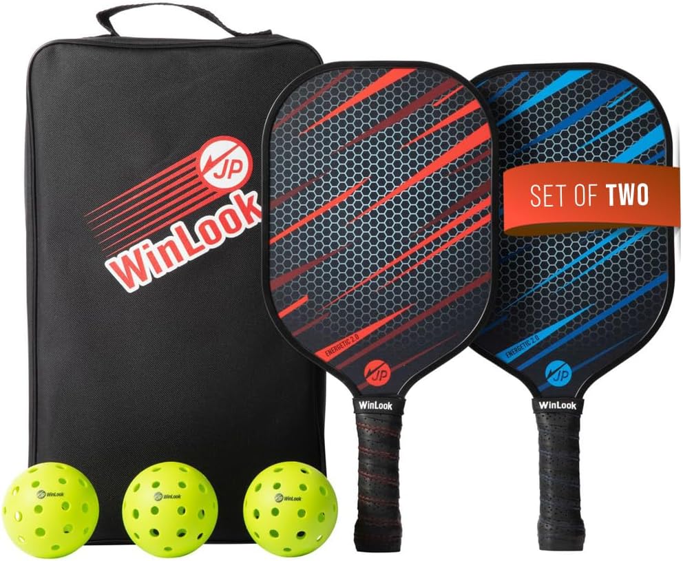JP WinLook Pickleball Paddles Set - Fiberglass Rackets for Beginners to Professional Skill Levels - for Indoor or Outdoor Play - Includes 2 Premium Racquets, 3 Pickleballs, & a Carrying Bag
