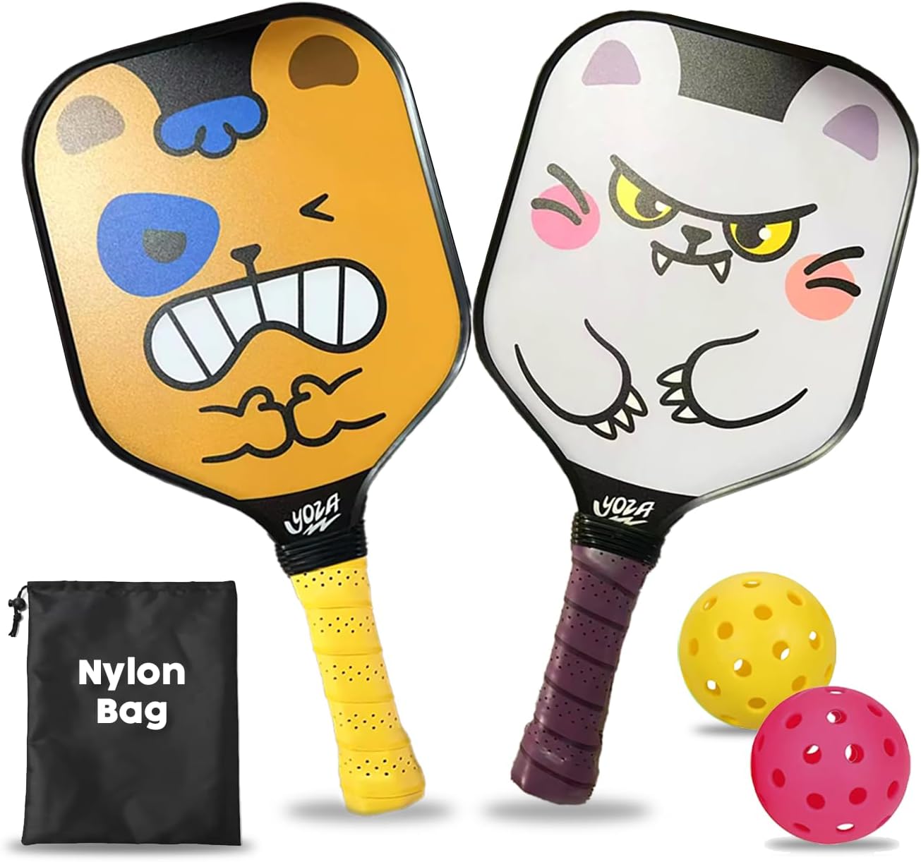 Kids Pickleball Paddle Set of 2 - Includes 2 Pickleball Paddles with 2 Balls, Lightweight, Fiberglass, Better Control, Beginner Racket, Perfect Pickleball Gift for Children Ages 4-12, Yoza