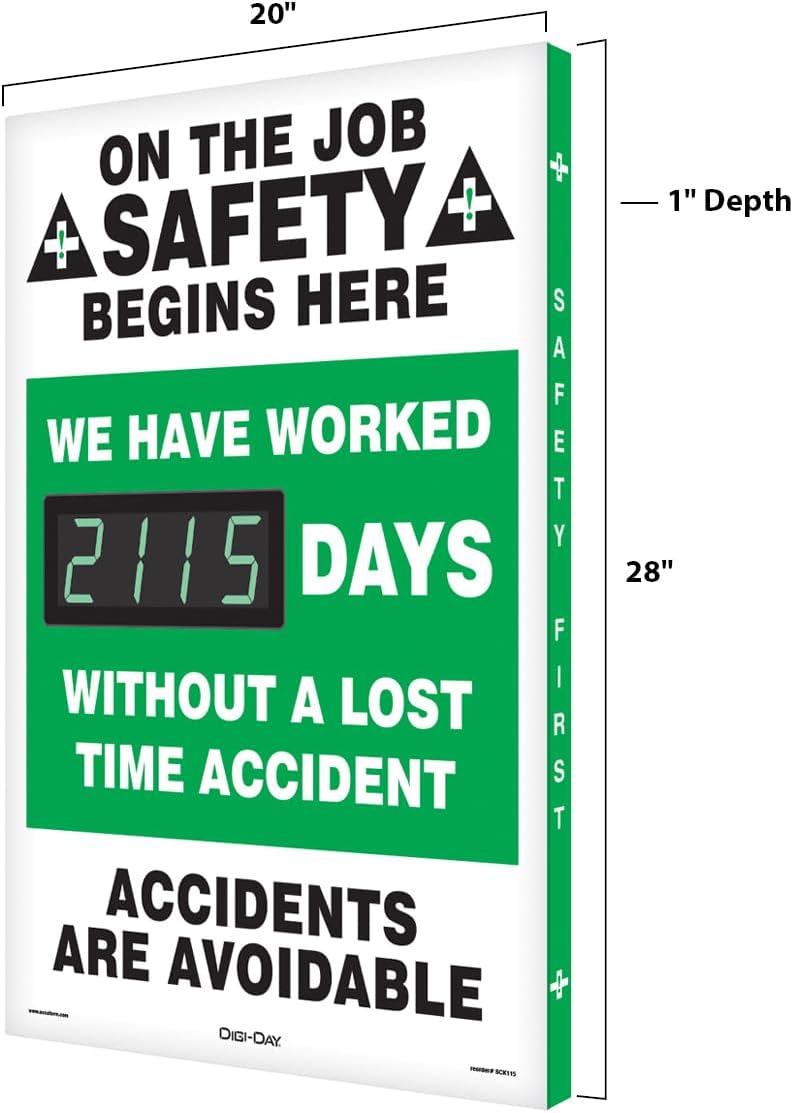 Accuform SCK115 Aluminum Digi-Day Electronic Scoreboard, "ON THE JOB SAFETY BEGINS HERE - WE HAVE WORKED #### DAYS WITHOUT A LOST TIME ACCIDENT - ACCIDENTS ARE AVOIDABLE" - Image 5