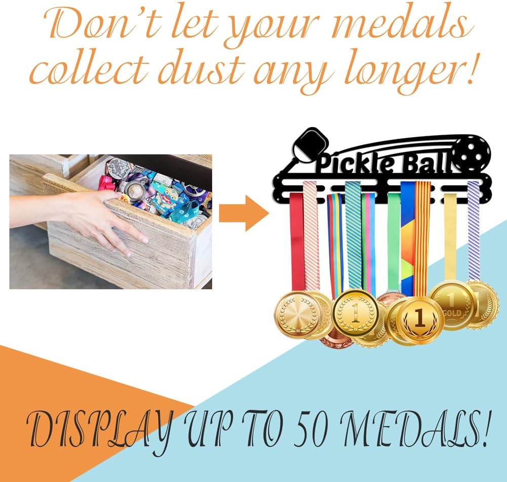 NBEADS Pickleball Medal Holder, Medal Hanger Display for Wall with 16inch Lrace Medal Display Upgraded with Simple Design for Pickleball gymanstics Race Swim Mounted Over 50 Medals Easy to Install - Image 6