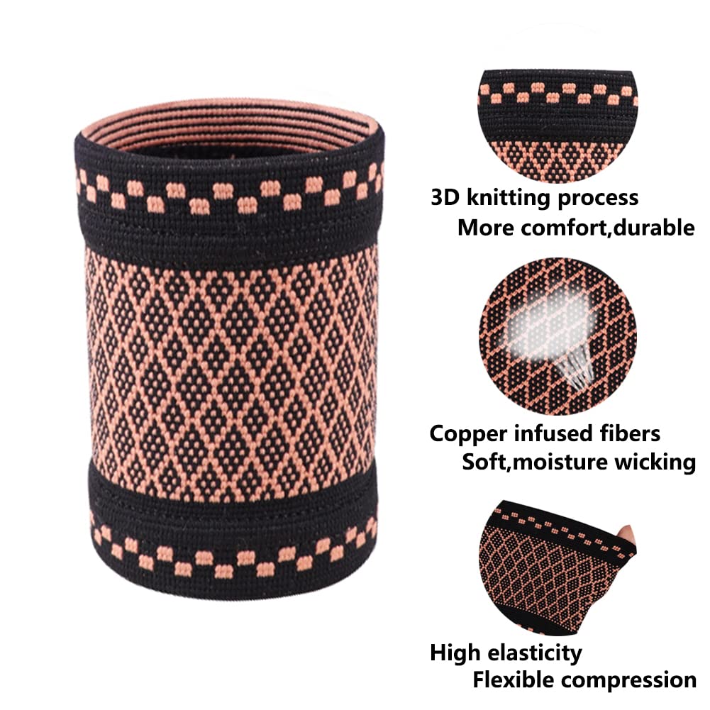 Copper Wrist Compression Brace (2Pcs), Elastic Wrist Support Sleeve Wrist Braces for Tendonitis, Arthritis, Carpal Tunnel Pain Relief, Soft Wrist Wrap Wristbands for Sport, Fitness, Workout, Typing(S) - Image 2