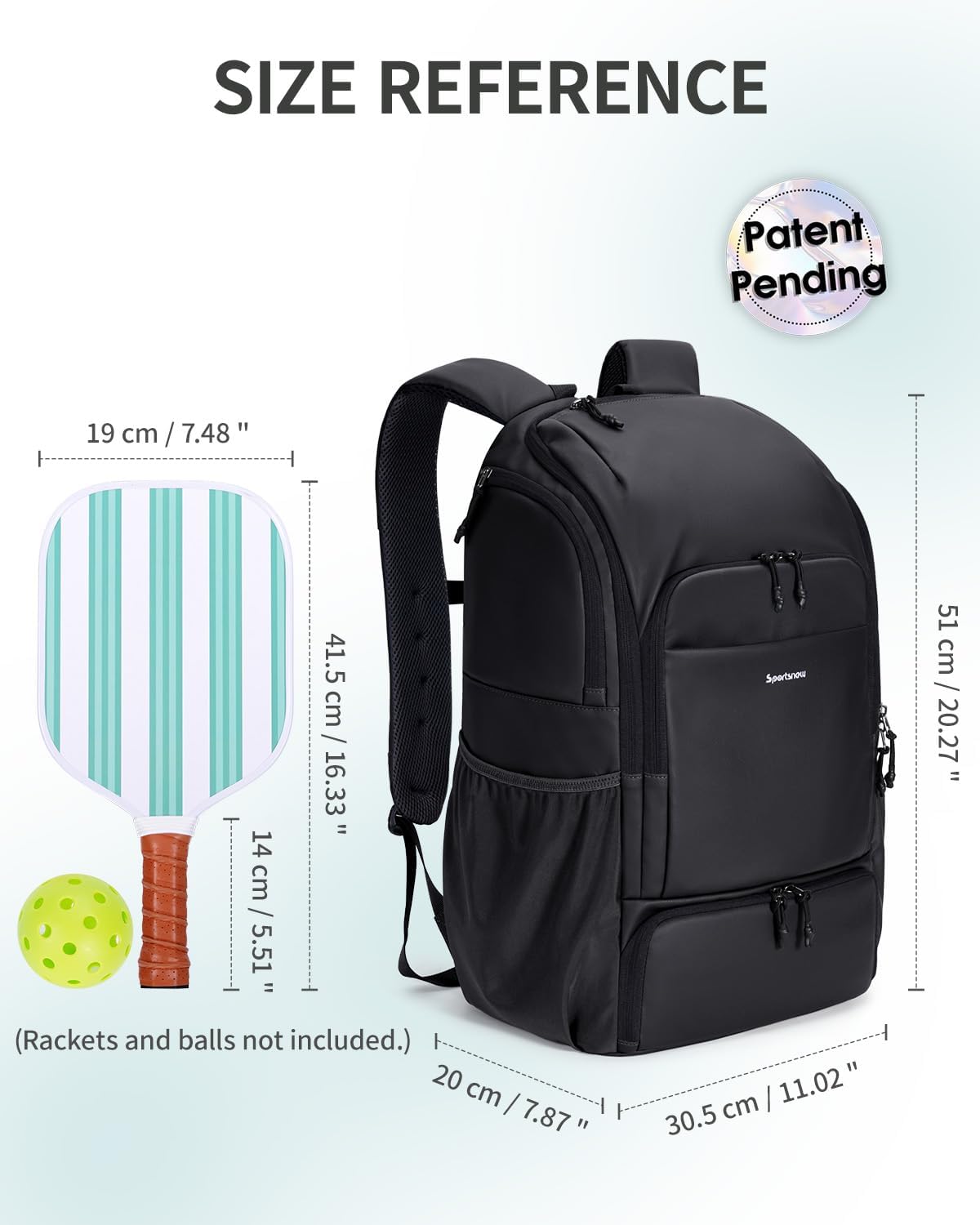 sportsnew Waterproof Pickleball Bag Men Women W/Shoe Compartment Fence Hook | 2 separate pickleball pockets, 40oz handled tumbler pocket, 30L capacity, adjustable straps,breath back panel, Ext Zip pull - Image 6
