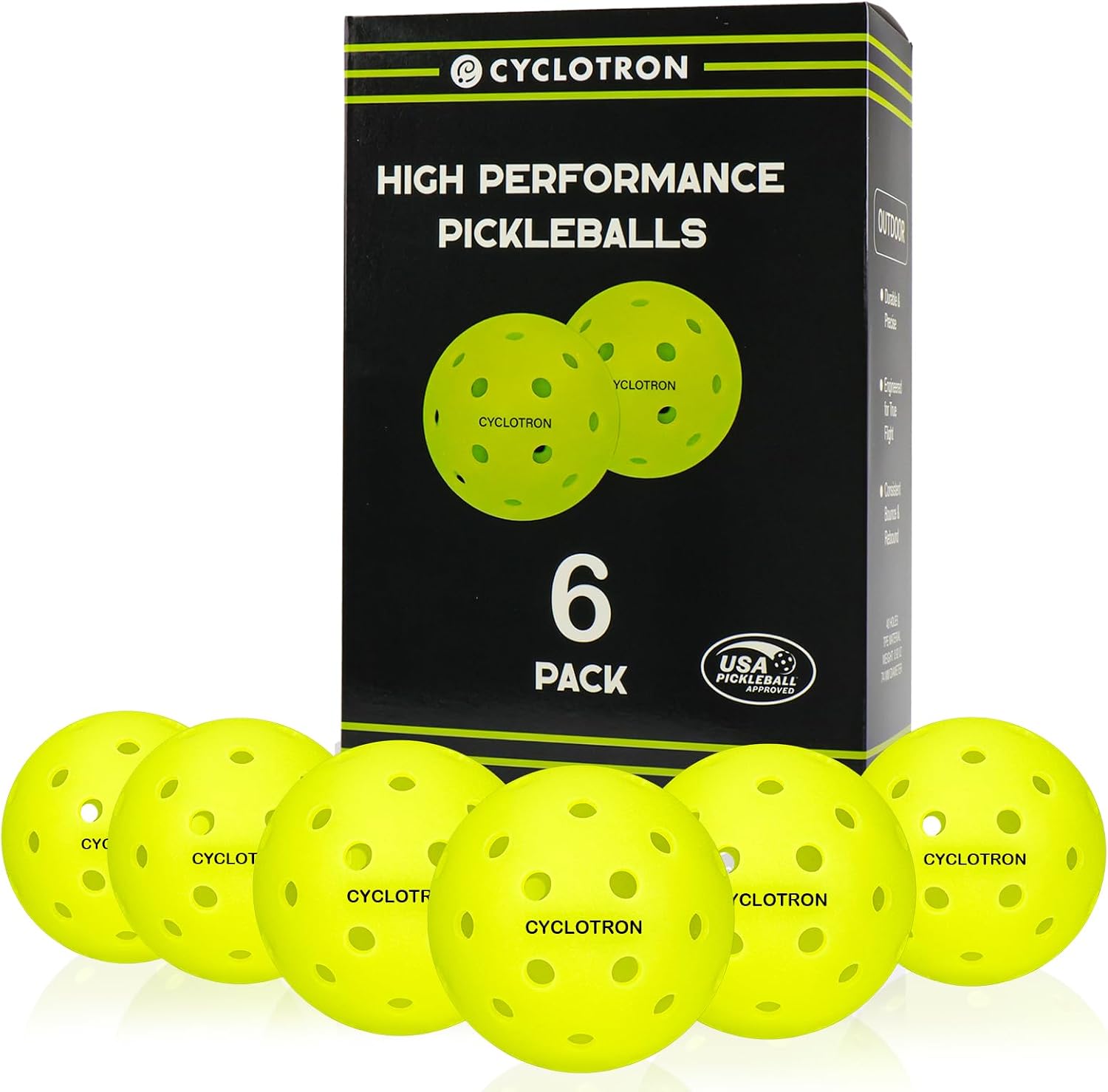 cyclotron P-40 Outdoor Pickleball Balls – USAPA Approved Pickleballs, 40-Hole Precision Design, High Visibility, Durable Seamless HDPE Construction, 3/6 Pack
