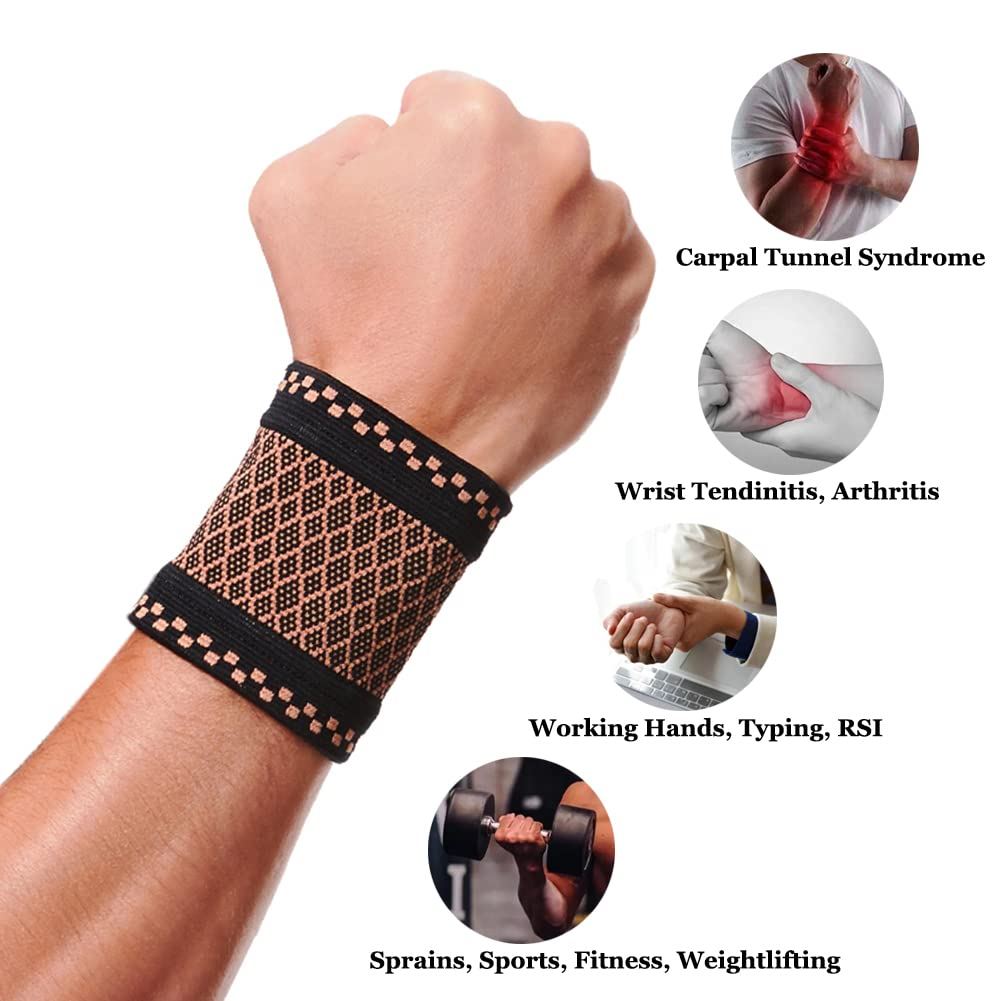 Copper Wrist Compression Brace (2Pcs), Elastic Wrist Support Sleeve Wrist Braces for Tendonitis, Arthritis, Carpal Tunnel Pain Relief, Soft Wrist Wrap Wristbands for Sport, Fitness, Workout, Typing(S) - Image 3