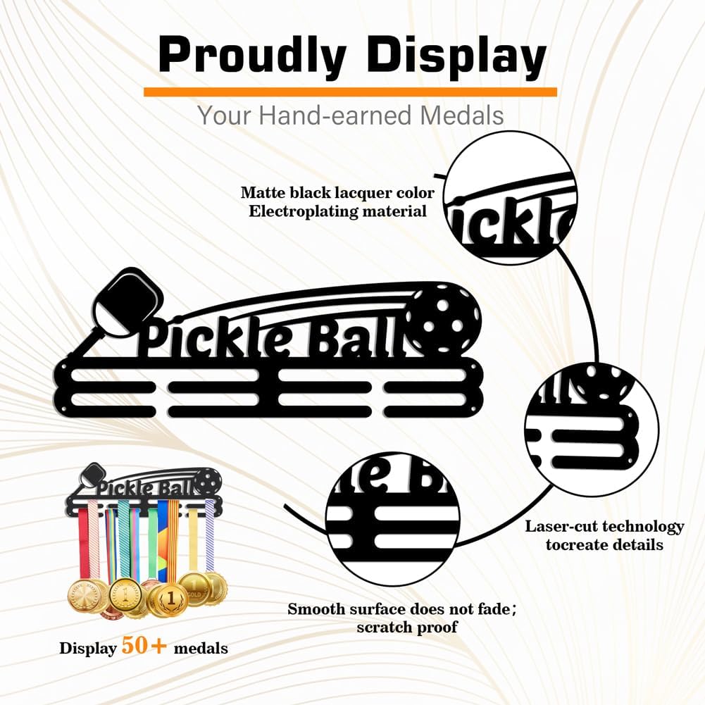 NBEADS Pickleball Medal Holder, Medal Hanger Display for Wall with 16inch Lrace Medal Display Upgraded with Simple Design for Pickleball gymanstics Race Swim Mounted Over 50 Medals Easy to Install - Image 4
