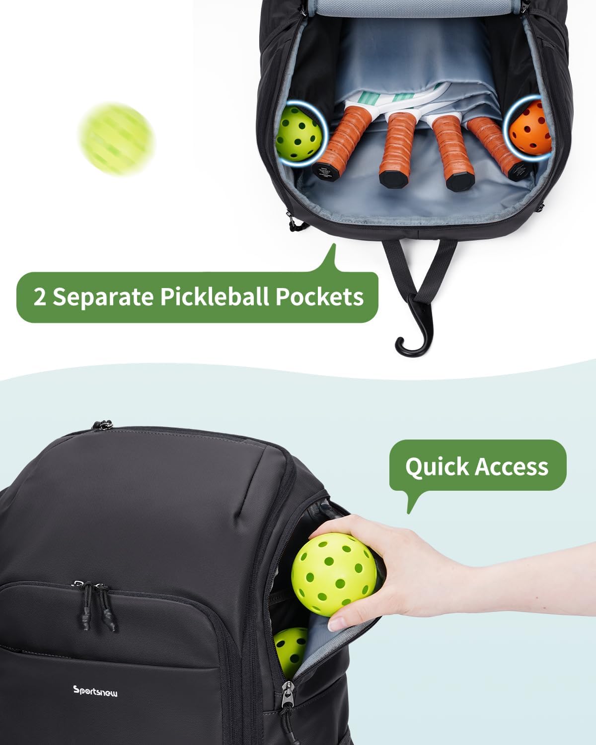 sportsnew Waterproof Pickleball Bag Men Women W/Shoe Compartment Fence Hook | 2 separate pickleball pockets, 40oz handled tumbler pocket, 30L capacity, adjustable straps,breath back panel, Ext Zip pull - Image 2