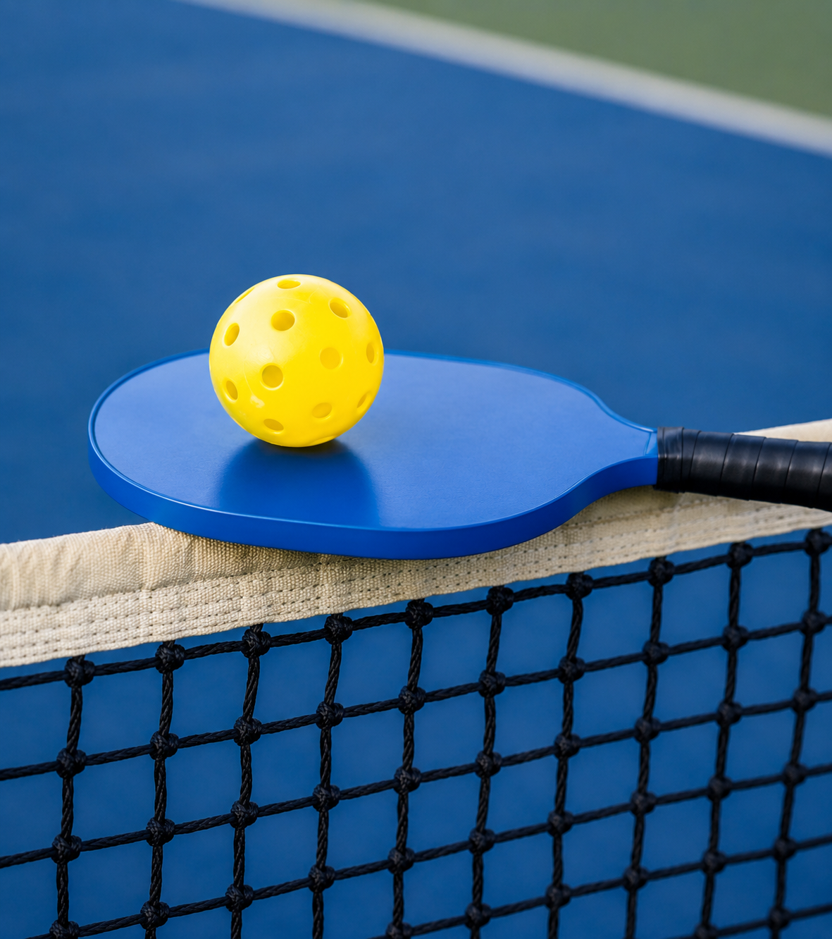 Blue Pickleball paddle and yellow ball resting near the court net