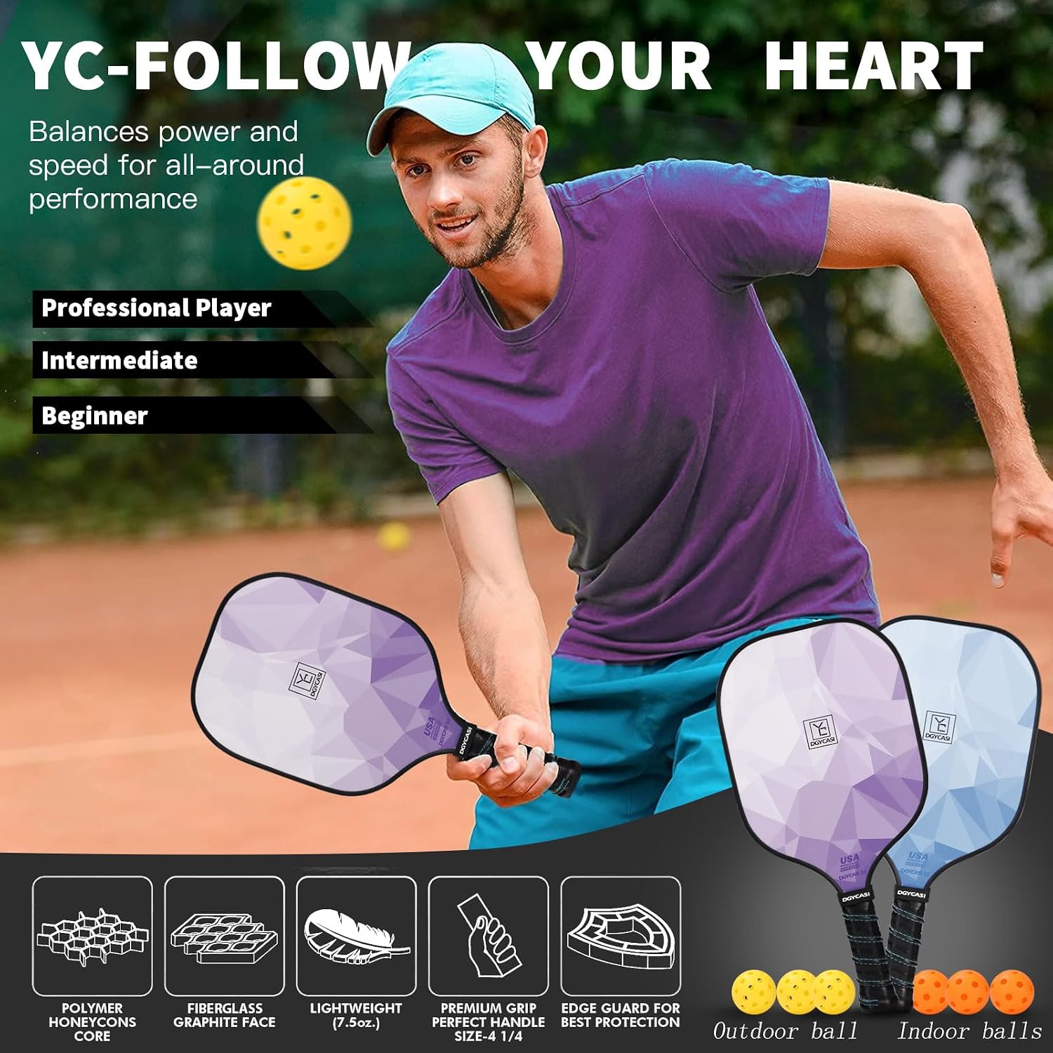 YC DGYCASI Pickleball Paddles Set of 4, USAPA Approved Pickleball Set, Fiberglass Pickle Ball Rackets, 3 Outdoor Pickleball, 3 Indoor Pickleball Balls, 4 Pickleball Overgrip, 1 Pickleball Bag - Image 5