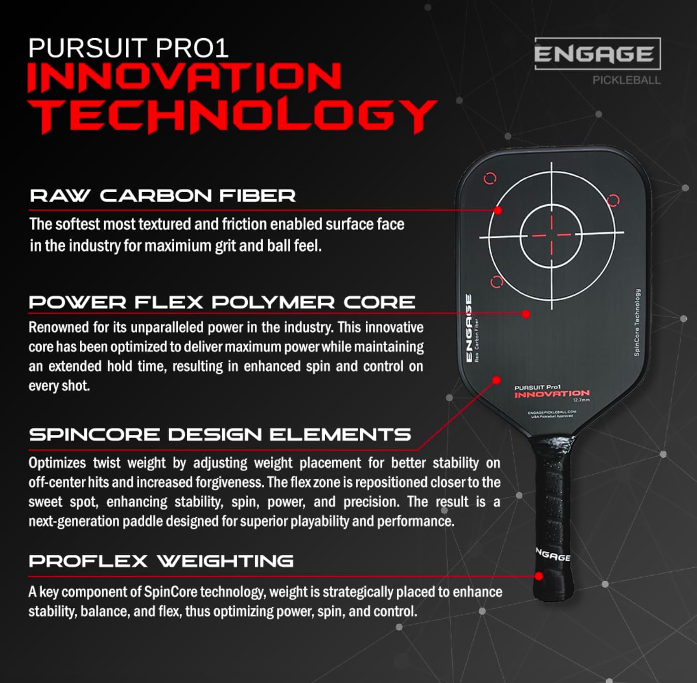 Engage Pursuit Pro1 Pickleball Paddle | Raw Carbon Fiber | Extreme Power, Spin & Dwell Time | Designed for Aggressive Power Players - Image 5