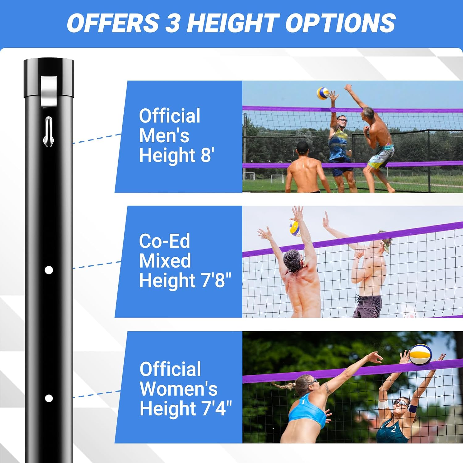 SPOYNAL Portable Volleyball Net for Backyard, 20/32 FT, Adjustable Height | Adjusts to 8, 7.8 and 7.4 FT; includes volleyball, pump, boundary line and carry bag for beach, grass and outdoor play - Image 2