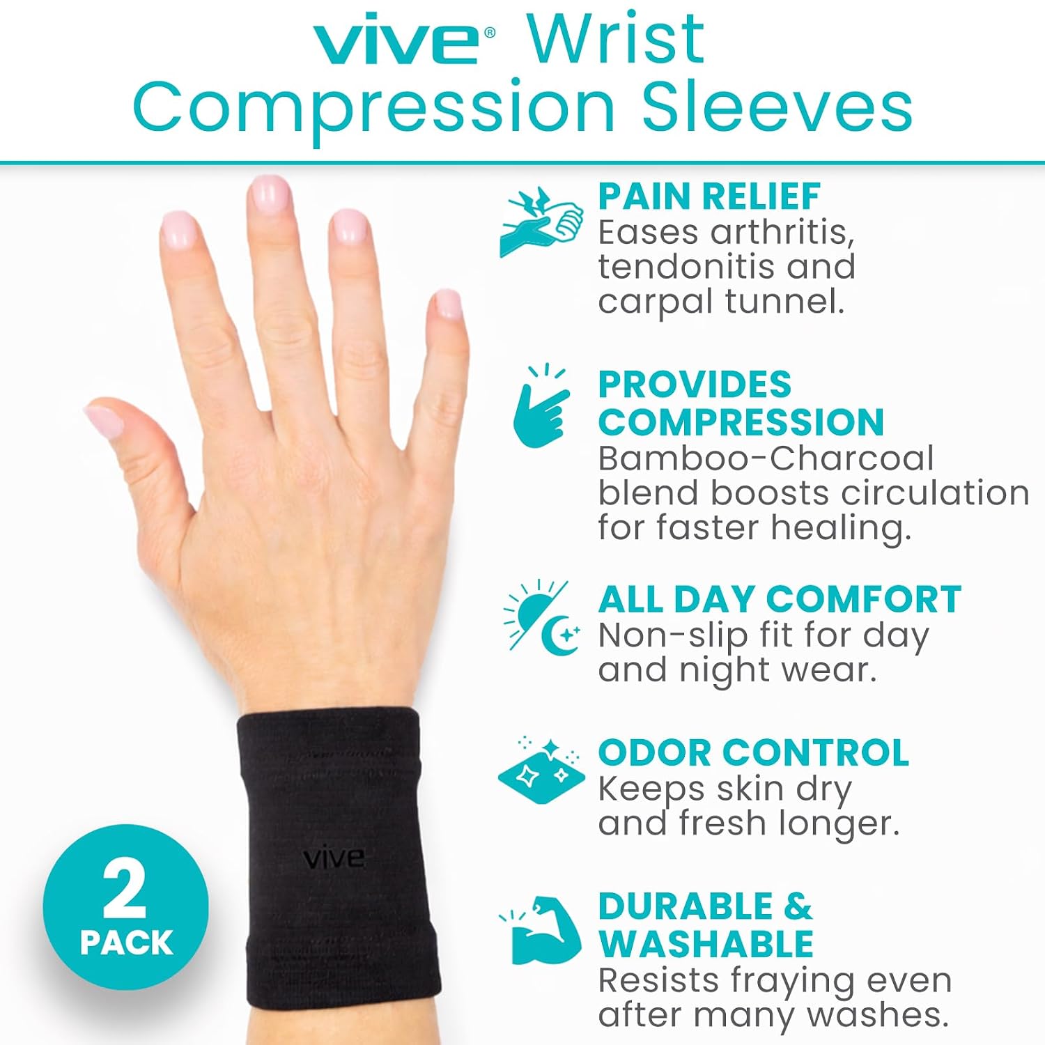 Vive Wrist Compression Sleeves for Women & Men (Pair) - Elastic Support | Wristband for Pain Relief & Circulation - Wrist Support for Carpal Tunnel, Arthritis, Tendonitis - Great for Sports Injury - Image 2