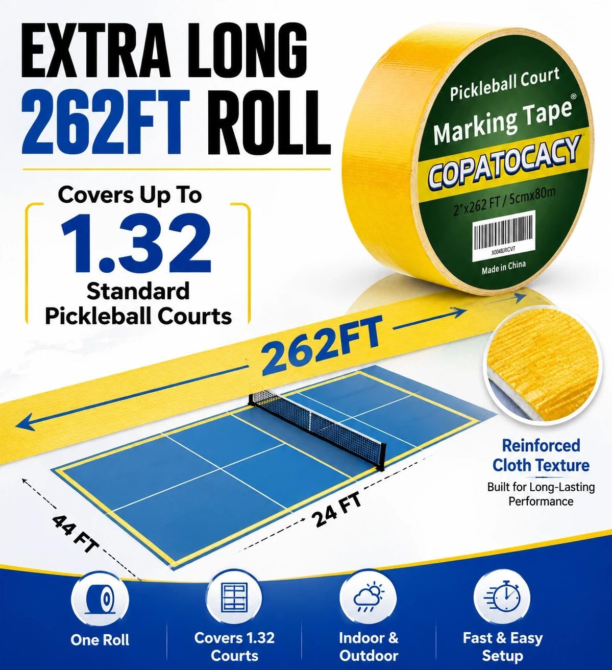 Pickleball Court Tape 2” x 262ft – Heavy Duty Temporary Court Marking Tape for Outdoor & Indoor Courts, Removable Pickleball Lines for Driveway, Gym Floor, Concrete, Basketball, Tennis & Badminton - Image 3
