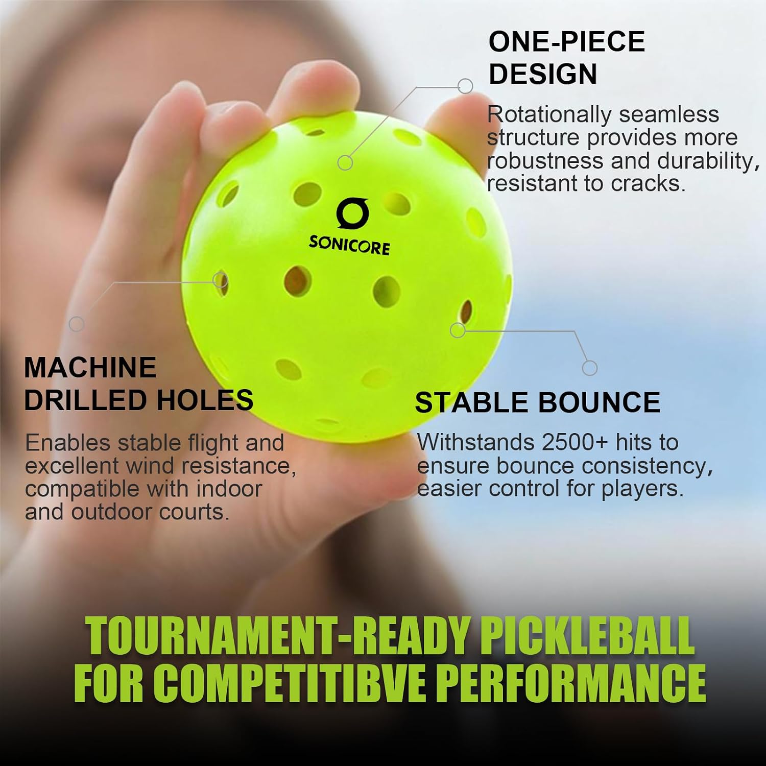 SONICORE Premium Outdoor Pickleball Balls, 4/12 Pack, Extreme Durability, One-Piece Mold, Tournament-Ready Level, 40-Hole Precision Drilled, Crack-Resistant, Seamless - Image 3