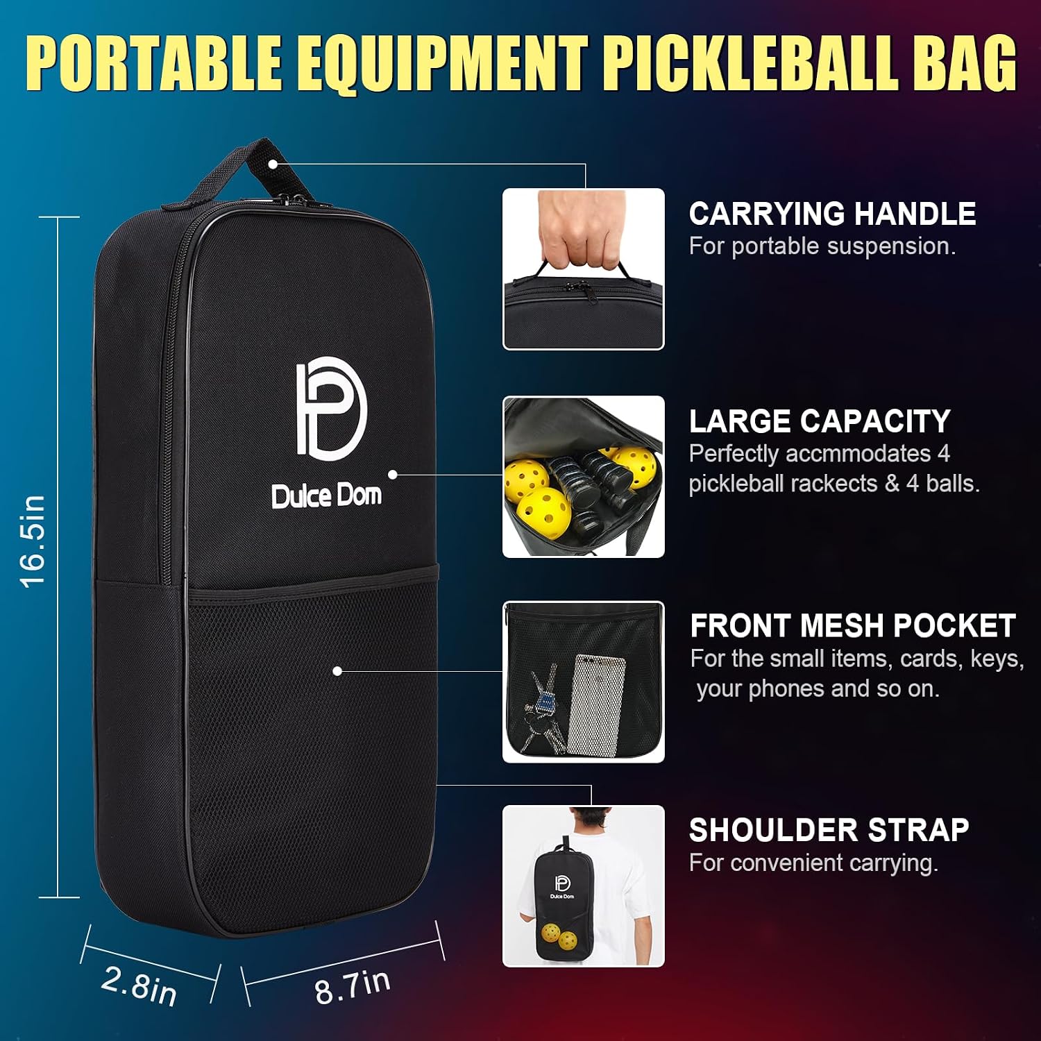 Dulce DOM Pickleball Paddles Set of 2/4 - USAPA Approved, 4 Indoor Outdoor Pickleball Balls, Fiberglass Surface Paddle Racket with Cover Bag, Ideal Training Equipment Gift for Men & Women - Image 6