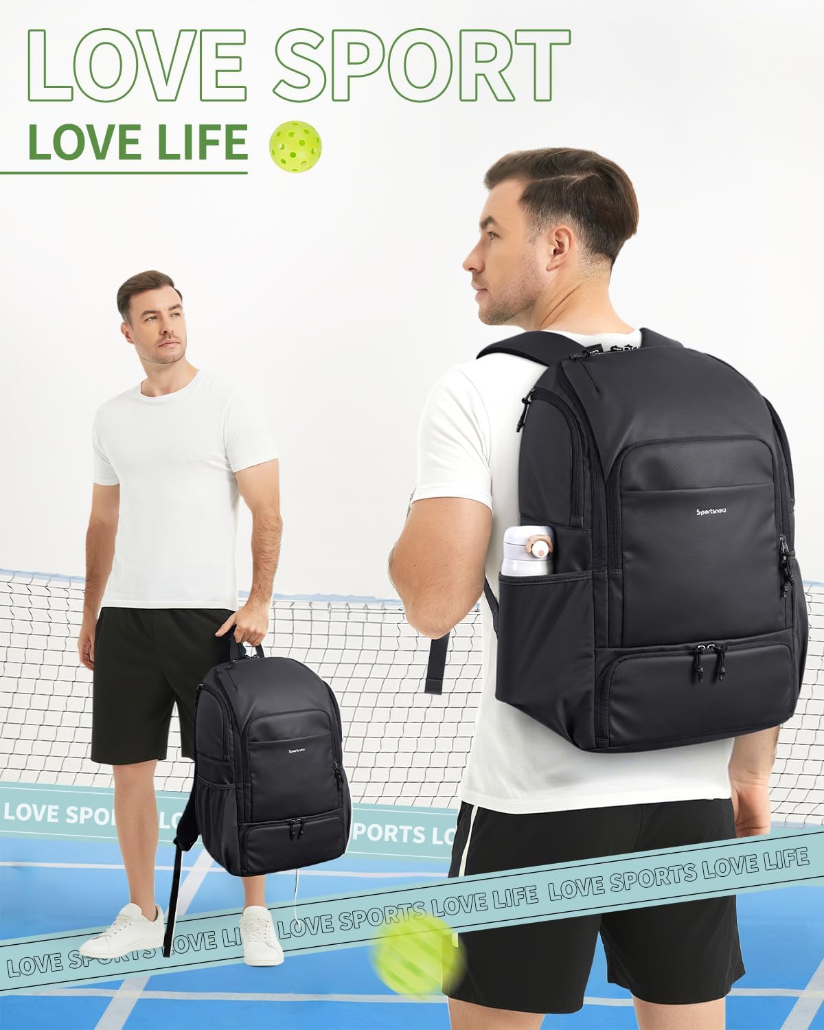 sportsnew Waterproof Pickleball Bag Men Women W/Shoe Compartment Fence Hook | 2 separate pickleball pockets, 40oz handled tumbler pocket, 30L capacity, adjustable straps,breath back panel, Ext Zip pull - Image 9