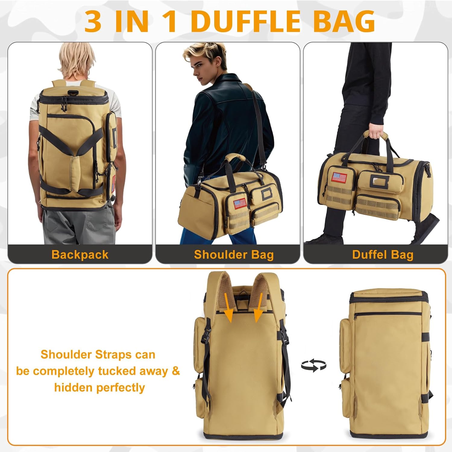 Expandable Gym Bag For Men,Tactical Large 3-in-1 Travel Duffle Backpack Bag | Water-Resistant Sports Bag With Shoes Compartment,Multi-Functional Travel Duffel Bag For Weekend, Overnight, Workout,Camping - Image 6