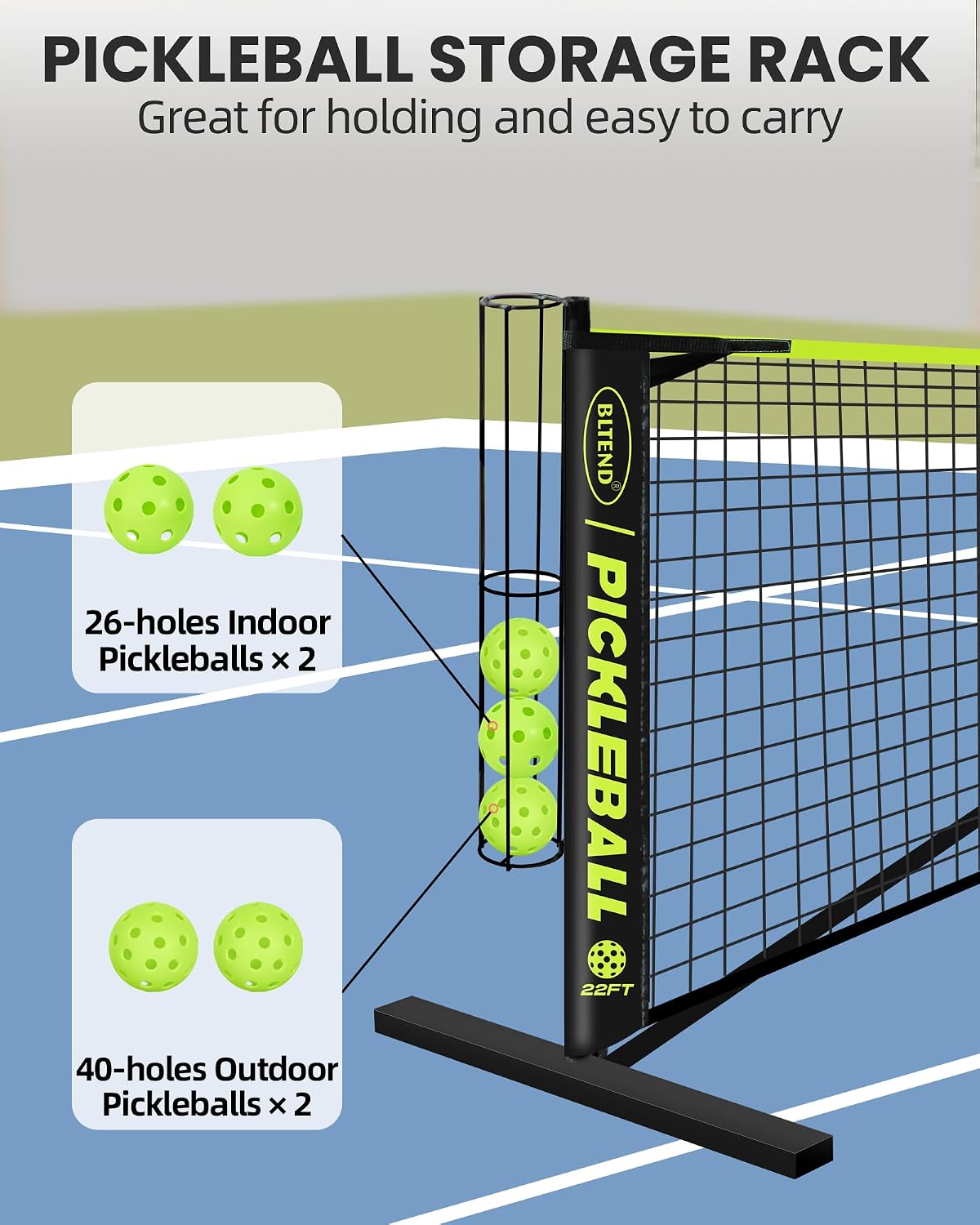 Bltend Portable Pickleball Net Set, 22FT Regulation Size Pickle Ball Net with Ball Collector, Court Marker and Tape Measure, Pickle Ball Net Set System for Indoor Outdoor Driveway Garages Backyard - Image 3