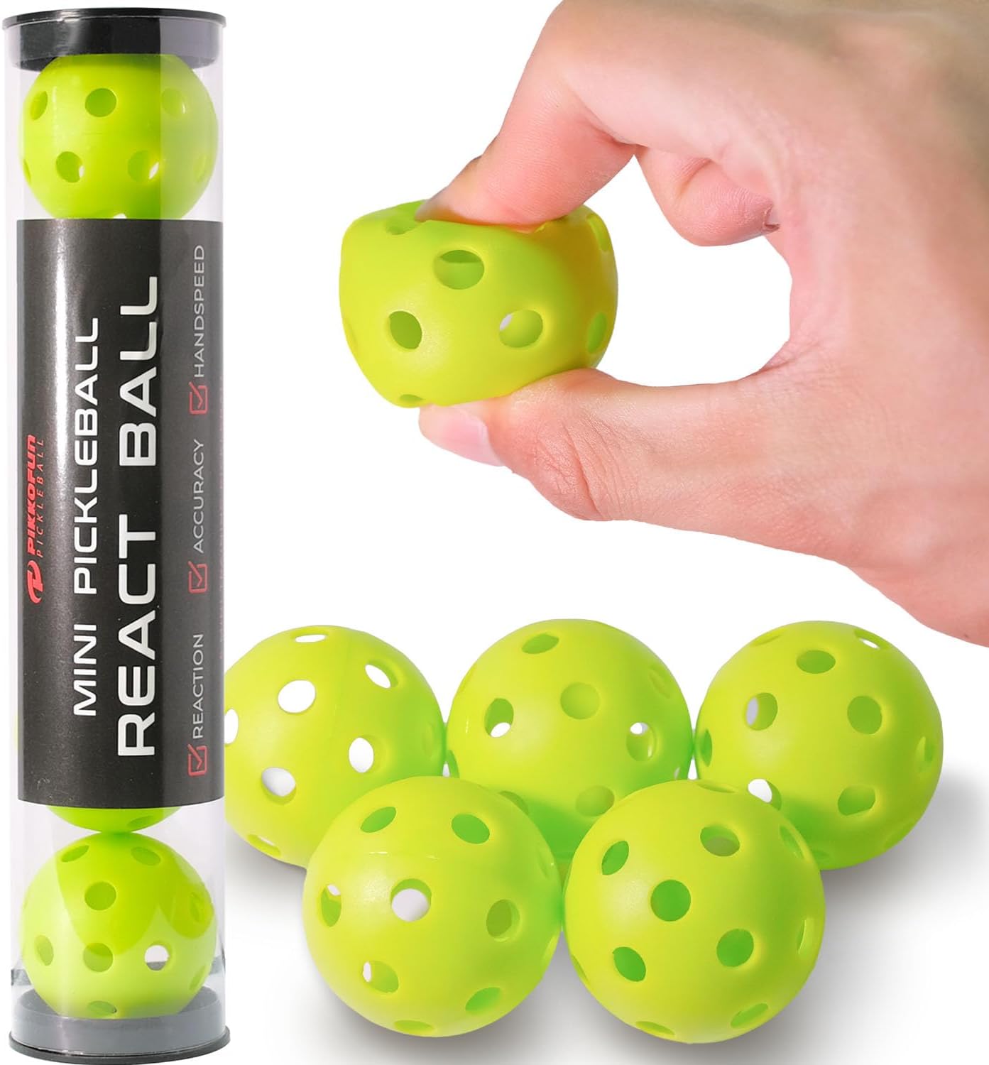 React Mini Pickleball Balls – 5 Pack 1.65" Small Pickleball Training Balls for Indoor Drills, Hand Speed & Paddle Control – Quiet Home Practice, Warm-Ups & Gifts – Lime Green