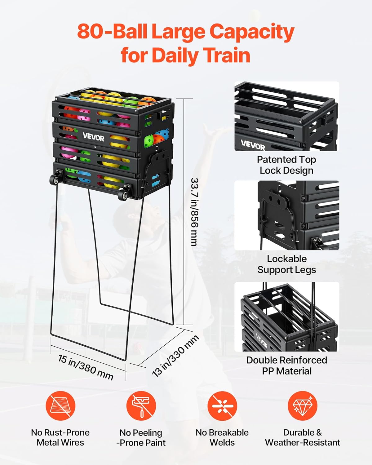 VEVOR Tennis Ball Hopper, Holds 75/80 Tennis Balls, Pickleball Basket Cart with Wheels for Easy Pick Up, Portable Pickleball Caddy with Heavy-Duty Construction for Training Carrying Storage - Image 2