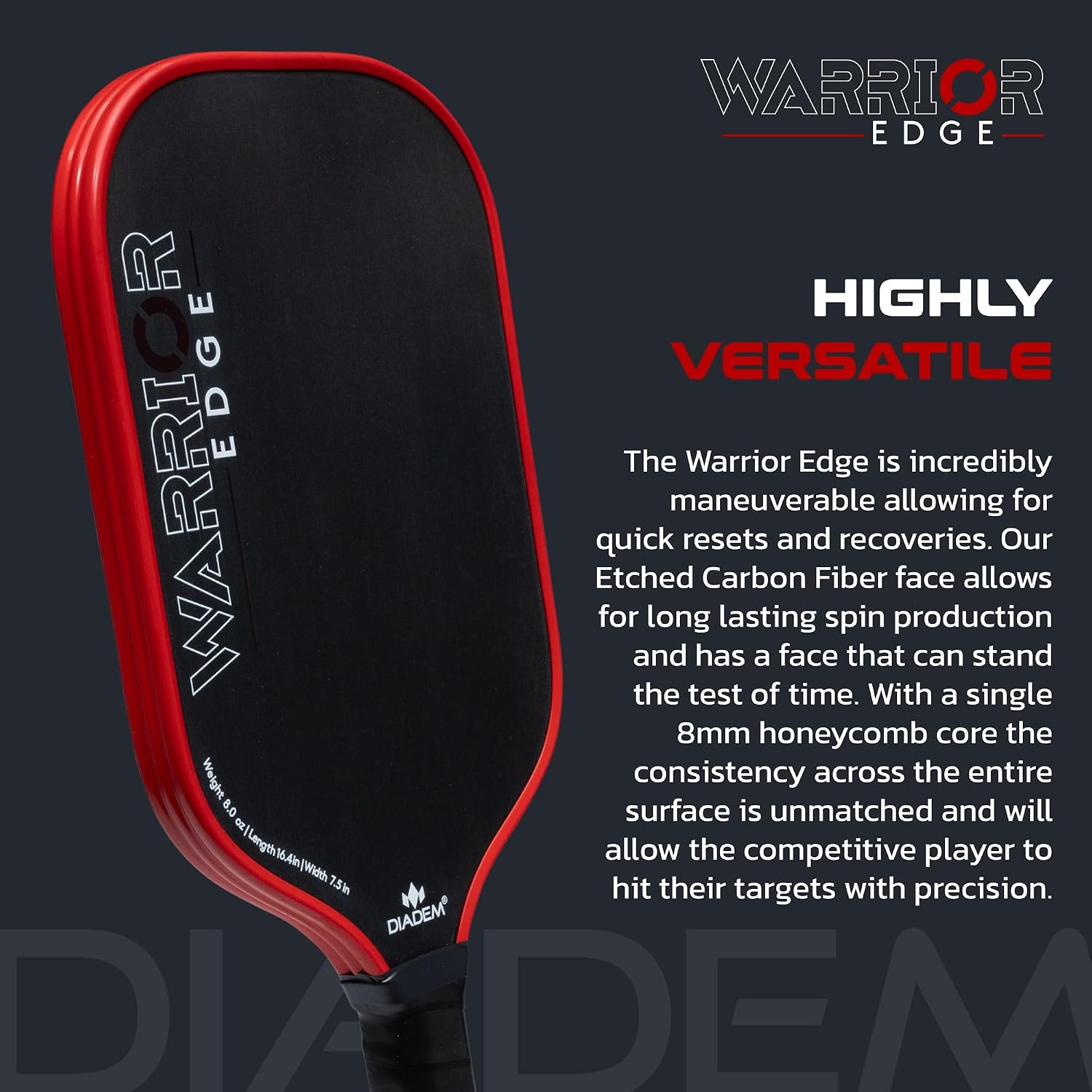 Diadem Warrior Edge Pickleball Paddles | Etched Carbon Face for Max Spin, 16mm Aero Guard, Comfort Max Grip, 16mm Honeycomb Core, Midweight 8oz | Indoor/Outdoor | USAPA Approved - Image 4