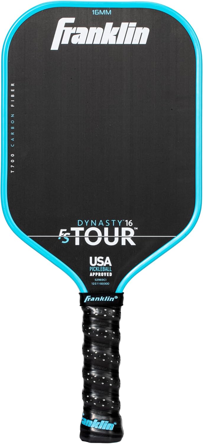 Franklin Sports Pro Pickleball Paddles - FS Tour Series Raw Carbon Fiber T700 - USA Pickleball Approved - Unibody Epoxy Resin Injected Edge - Dynasty + Tempo - 14mm/16mm Core - Gray, Blue + Pink