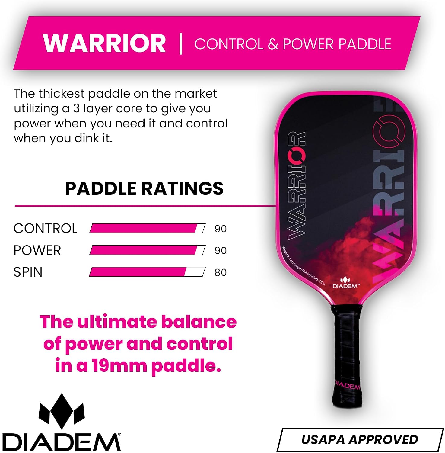 Diadem Warrior Pickleball Paddle | Carbon Fiber Face, 3X L-Core Hybrid Nomex Polymer Honeycomb Core, Grit Paint Surface for Spin, Control and Power | Indoor/Outdoor | USAPA Approved - Image 2