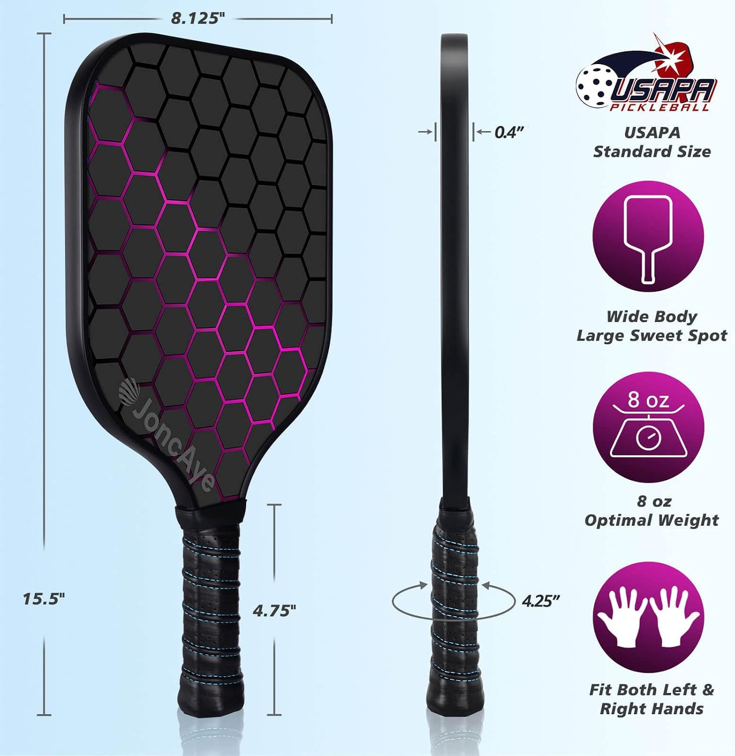 JoncAye Pickleball Paddles Set of 4 or 2, USAPA Approved Fiberglass Rackets | with Outdoor Indoor Balls, Bag, Overgrip, Lightweight Pickle-ball Equipment for Beginner, Intermediate, Family - Image 5
