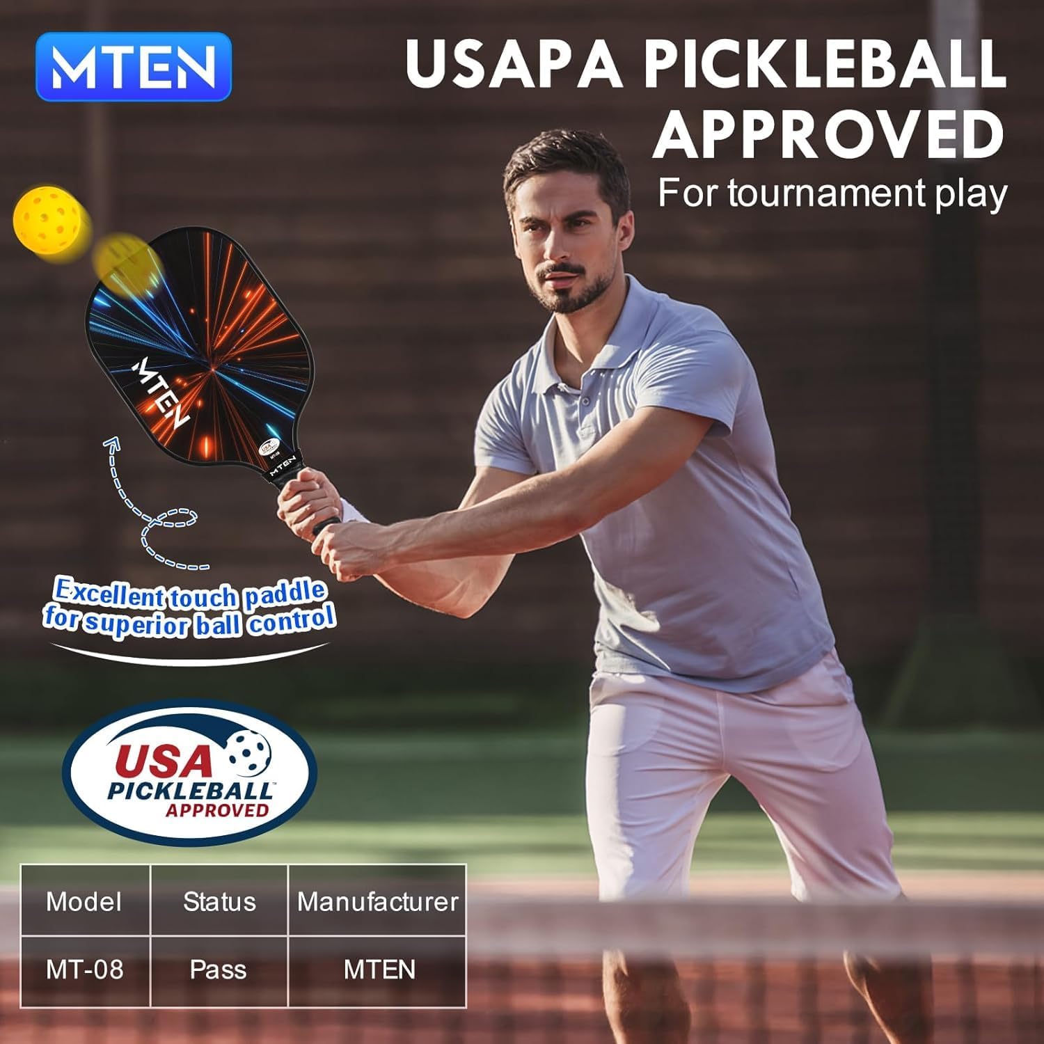 MTEN Pickleball Paddles, USAPA Approved Fiberglass Surface Rackets | Pickleball Set for Men, Women, Beginners & Intermediate Players - Image 6
