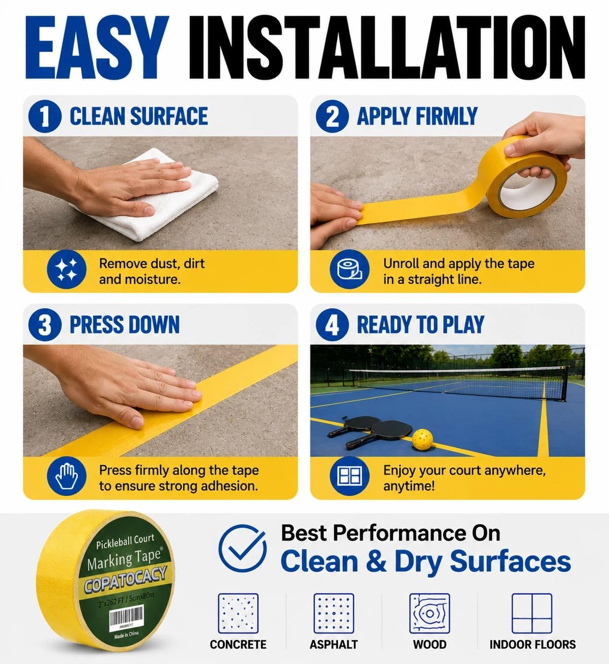 Pickleball Court Tape 2” x 262ft – Heavy Duty Temporary Court Marking Tape for Outdoor & Indoor Courts, Removable Pickleball Lines for Driveway, Gym Floor, Concrete, Basketball, Tennis & Badminton - Image 5