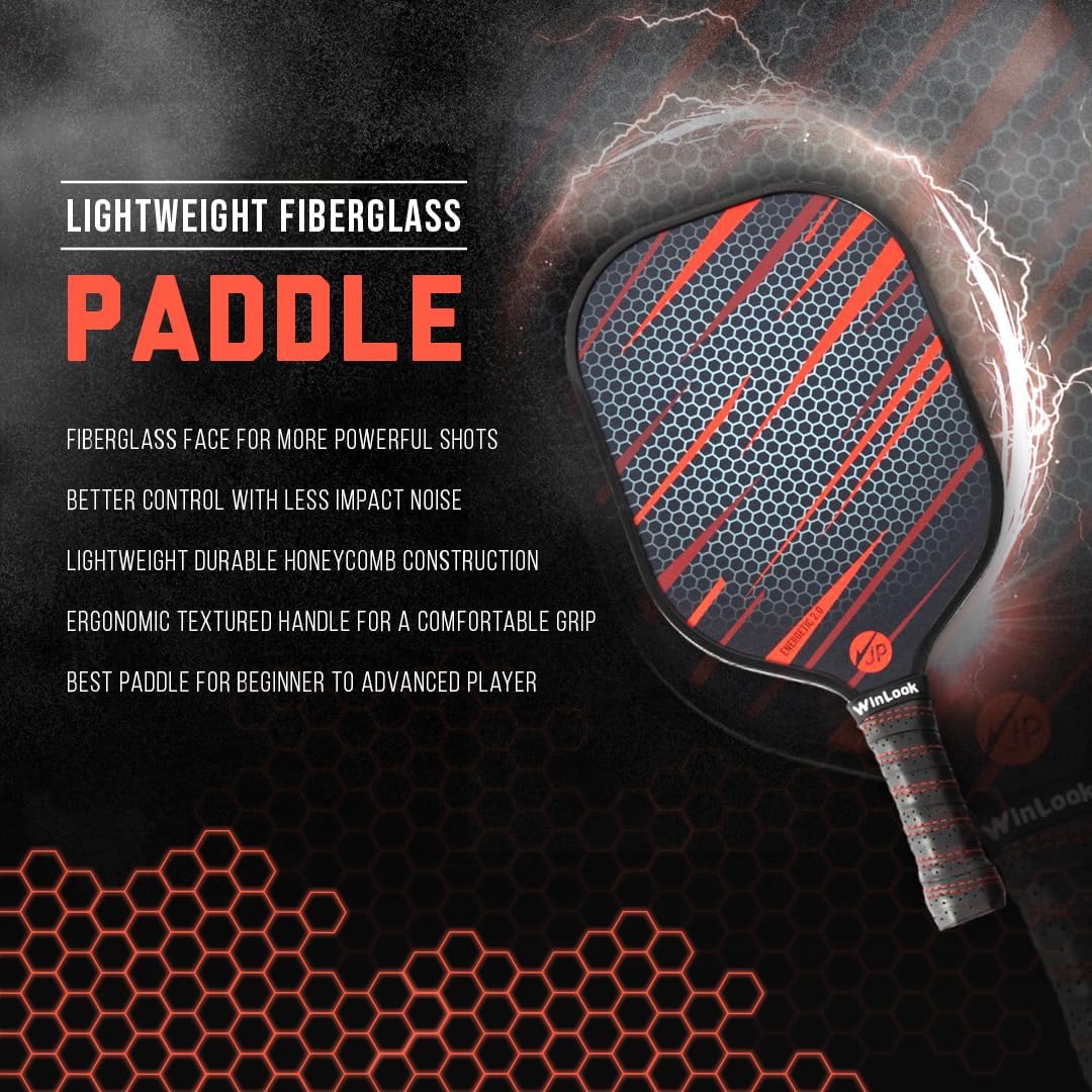 JP WinLook Pickleball Paddles Set - Fiberglass Rackets for Beginners to Professional Skill Levels - for Indoor or Outdoor Play - Includes 2 Premium Racquets, 3 Pickleballs, & a Carrying Bag - Image 3