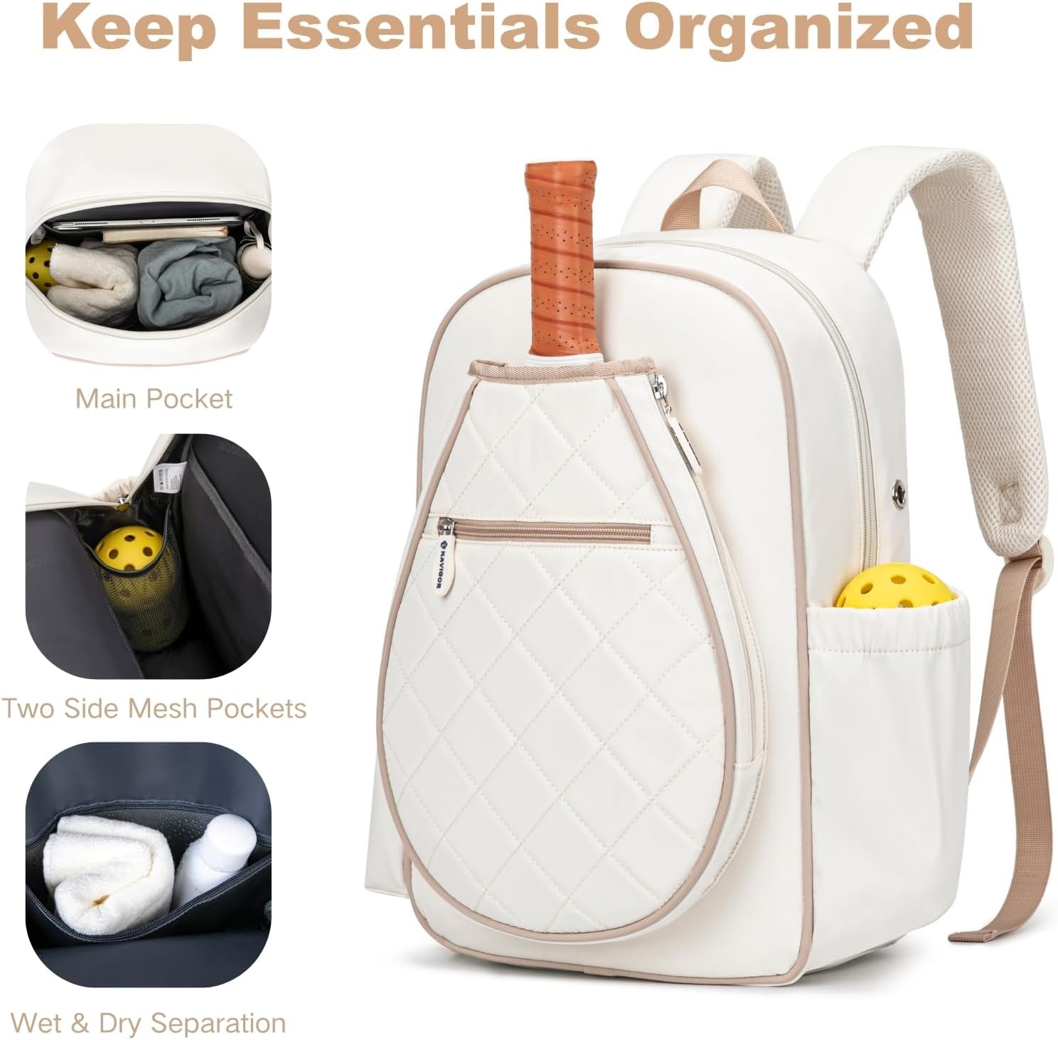 KAVIGOR Pickleball Bag, Quilted Pickleball Backpack with Shoe Compartment & Waterproof Pocket, Pickle Ball Paddle Bag Fits 2 to 4 Paddles for Women and Men - Image 3