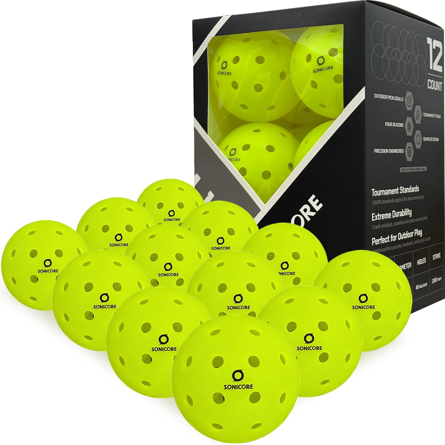 SONICORE Premium Outdoor Pickleball Balls, 4/12 Pack, Extreme Durability, One-Piece Mold, Tournament-Ready Level, 40-Hole Precision Drilled, Crack-Resistant, Seamless