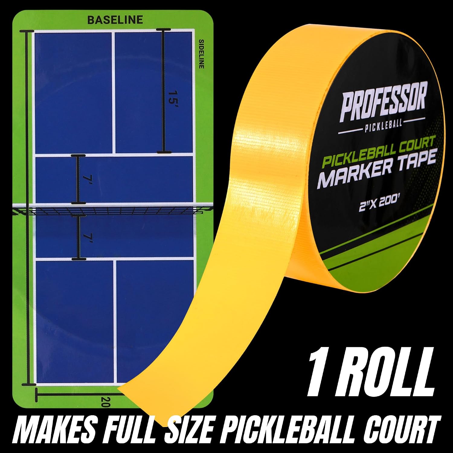 Professor Pickleball Court Tape - Makes Full Size Court - Outdoor Pickleball Marking Kit - 2" x 200 FT, Yellow Tape for Temporary Court Lines, No Residue, Quick and Easy Application - Image 2