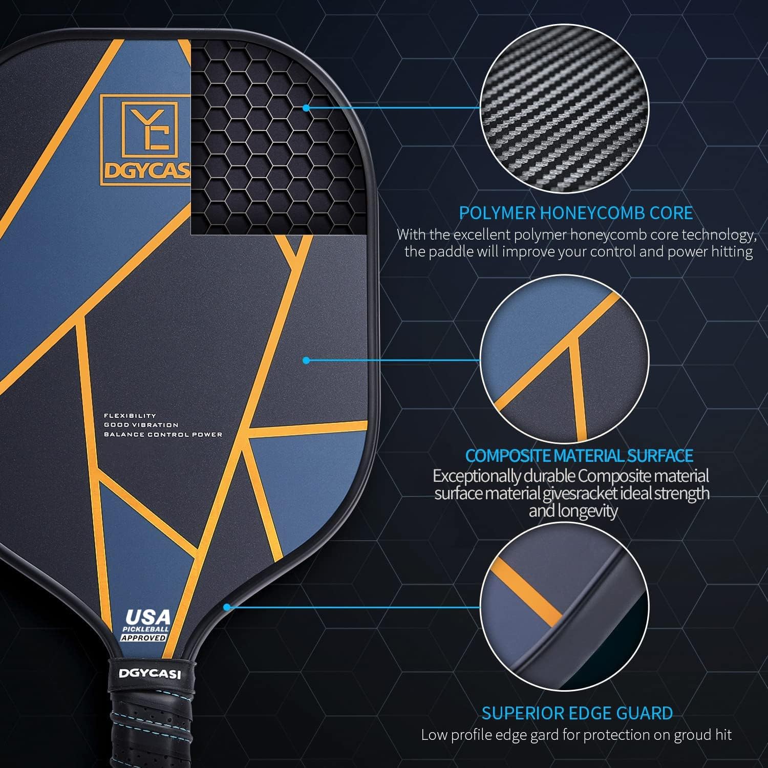 YC DGYCASI Pickleball Paddles Set of 4, USAPA Approved Pickleball Set, 4 Carbon Fiber Pickleball Rackets, 3 Outdoor Balls, 3 Indoor Balls, 4 Replacement Grip, 1 Bag for Women and Men - Image 2