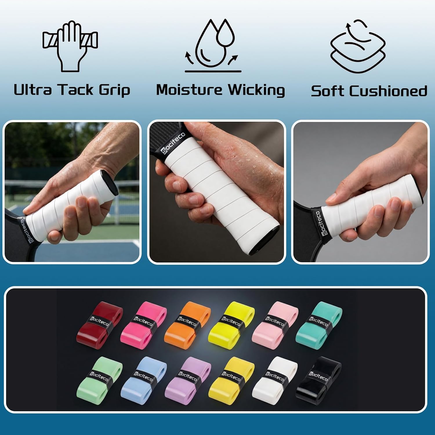 SOCITECO Pickleball Overgrip, Tacky Pickleball Grip Tape for Paddle | Anti-Sweat Pickleball Paddle Grip Tape, Non-Slip Pickleball Handle Wrap for Sweaty Hands, Secure Grip & Consistent Control - Image 3