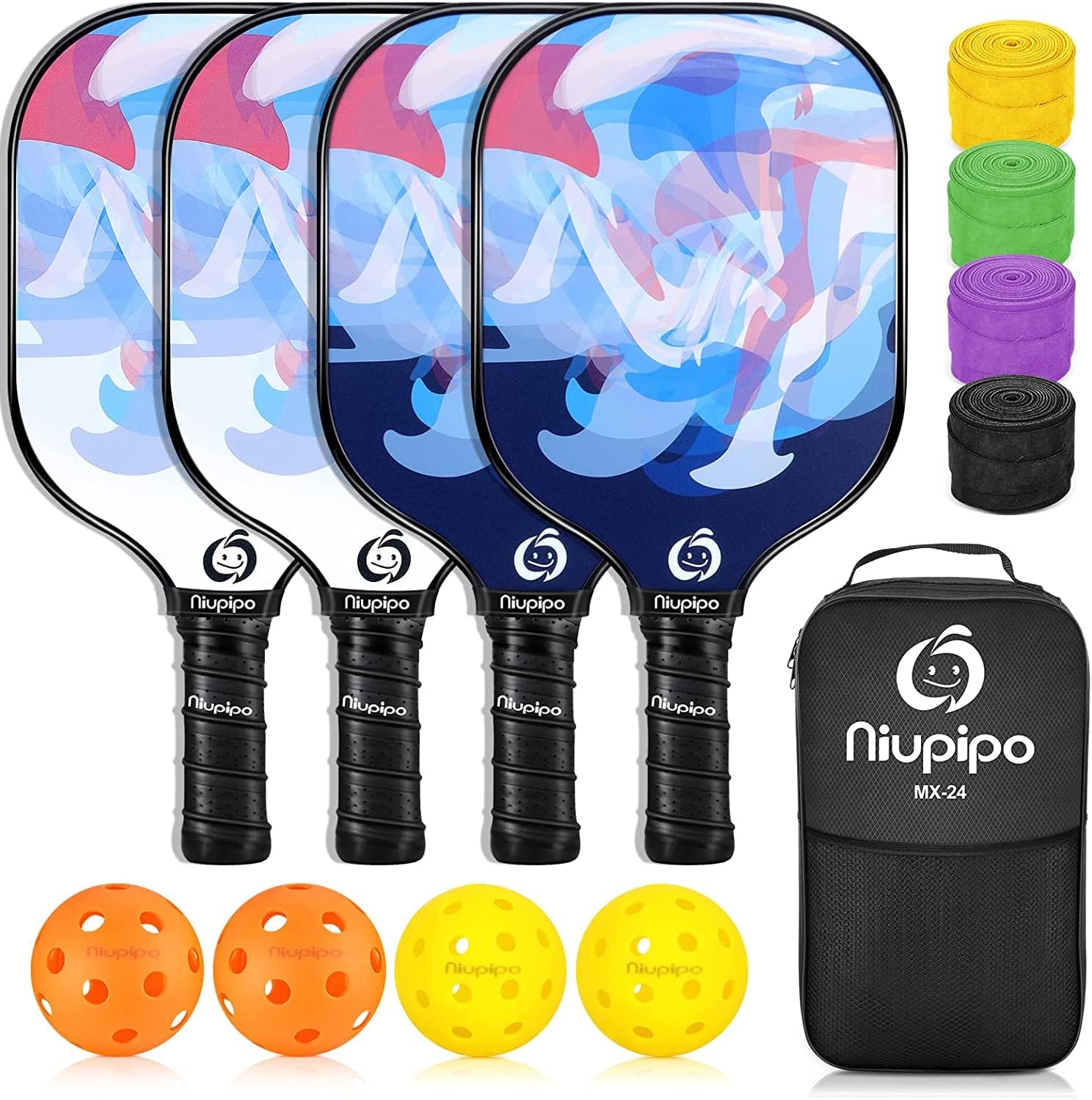 niupipo Pickleball Paddles Set of 2 or 4, USAPA Approved Fiberglass Pickleball Paddle Set with Balls and Bag, Polypropylene Honeycomb Core, Lightweight Pickleball Paddles for Beginners Men Women