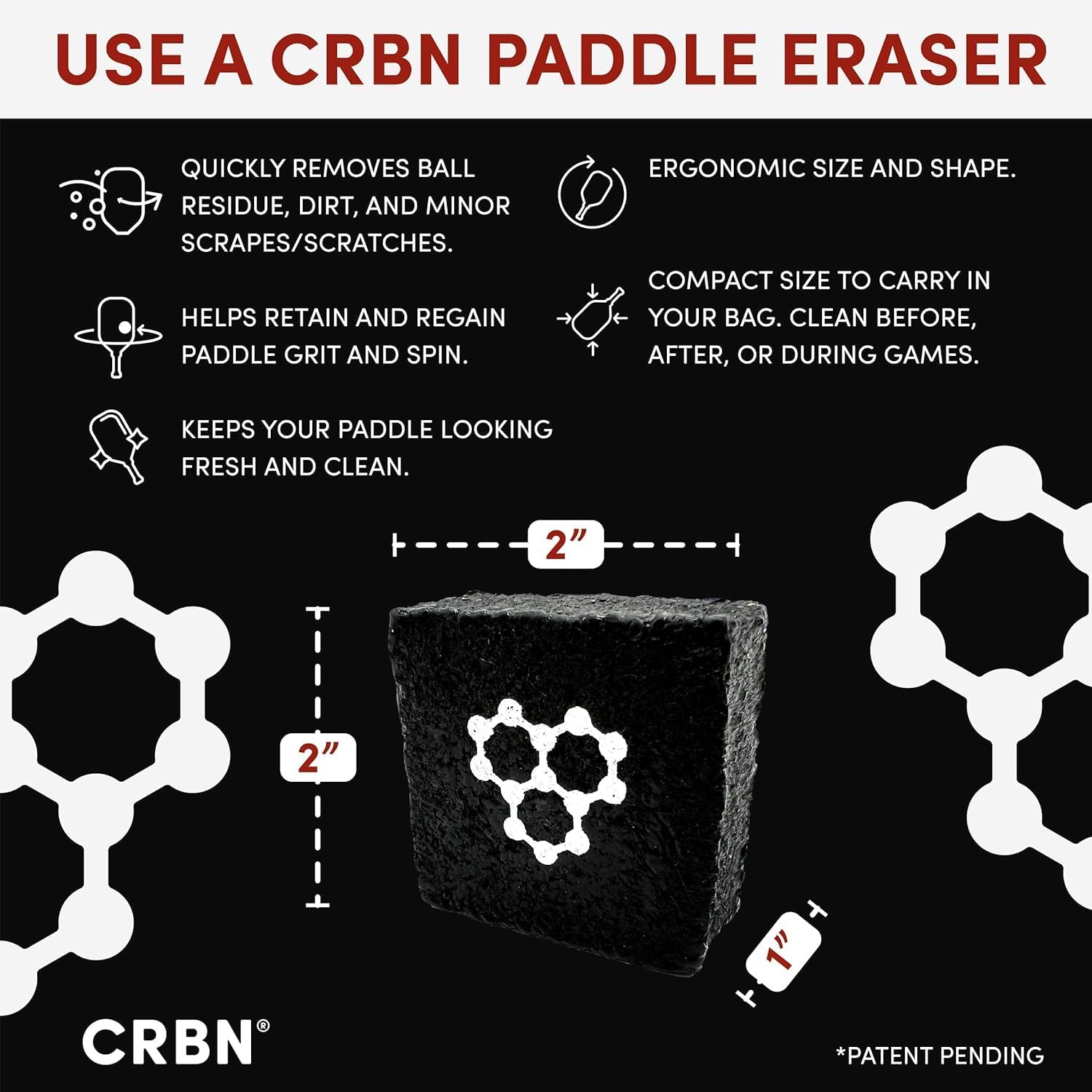 CRBN Pickleball - Paddle Eraser, Best Carbon Fiber Pickle Ball Racket Cleaner, Fast & Easy Rubber Bar to Remove Ball Residue, Dirt, & Minor Scrapes/Scratches - Patent Pending (Black, 2 Pack) - Image 3