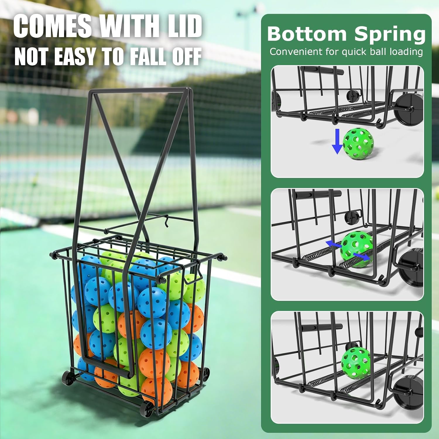 Tennis Ball Hopper, Portable Pickleball Holder with Wheels & Handle | Holds 75 Tennis Balls or 50 Pickleballs, Pick Up Basket Tennis Ball Collection, Pickleball Training Equipment - Image 6