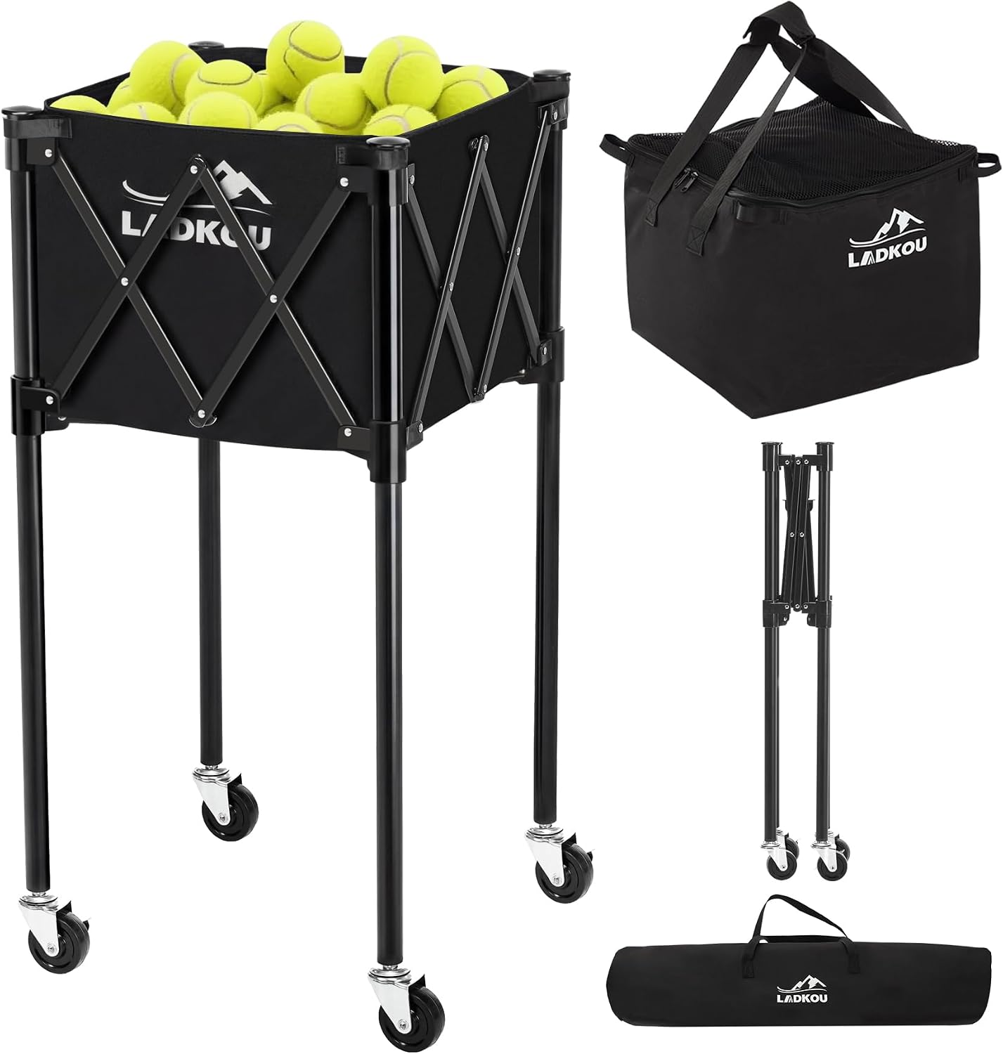 Extra Large Tennis Ball Hopper, Holds 200 Balls, Foldable Tennis Ball Basket with Wheels & Removable Bag, Lightweight Pickleball Caddy Cart for Baseball/Softball, for Training/Teaching
