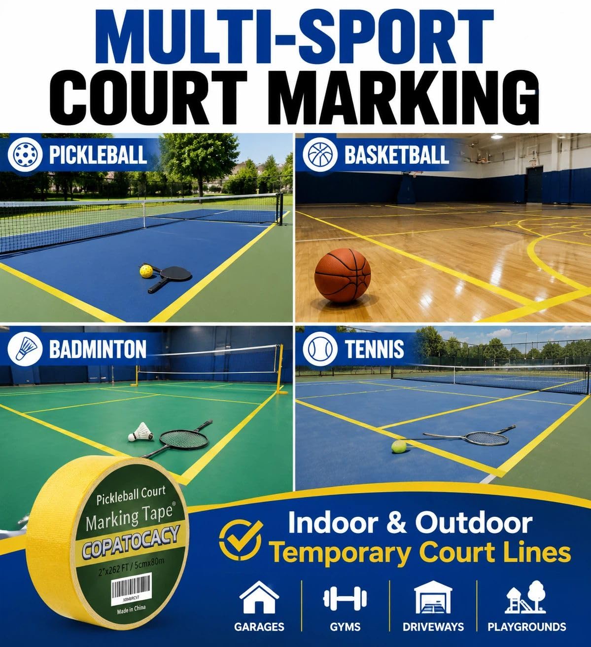 Pickleball Court Tape 2” x 262ft – Heavy Duty Temporary Court Marking Tape for Outdoor & Indoor Courts, Removable Pickleball Lines for Driveway, Gym Floor, Concrete, Basketball, Tennis & Badminton - Image 6