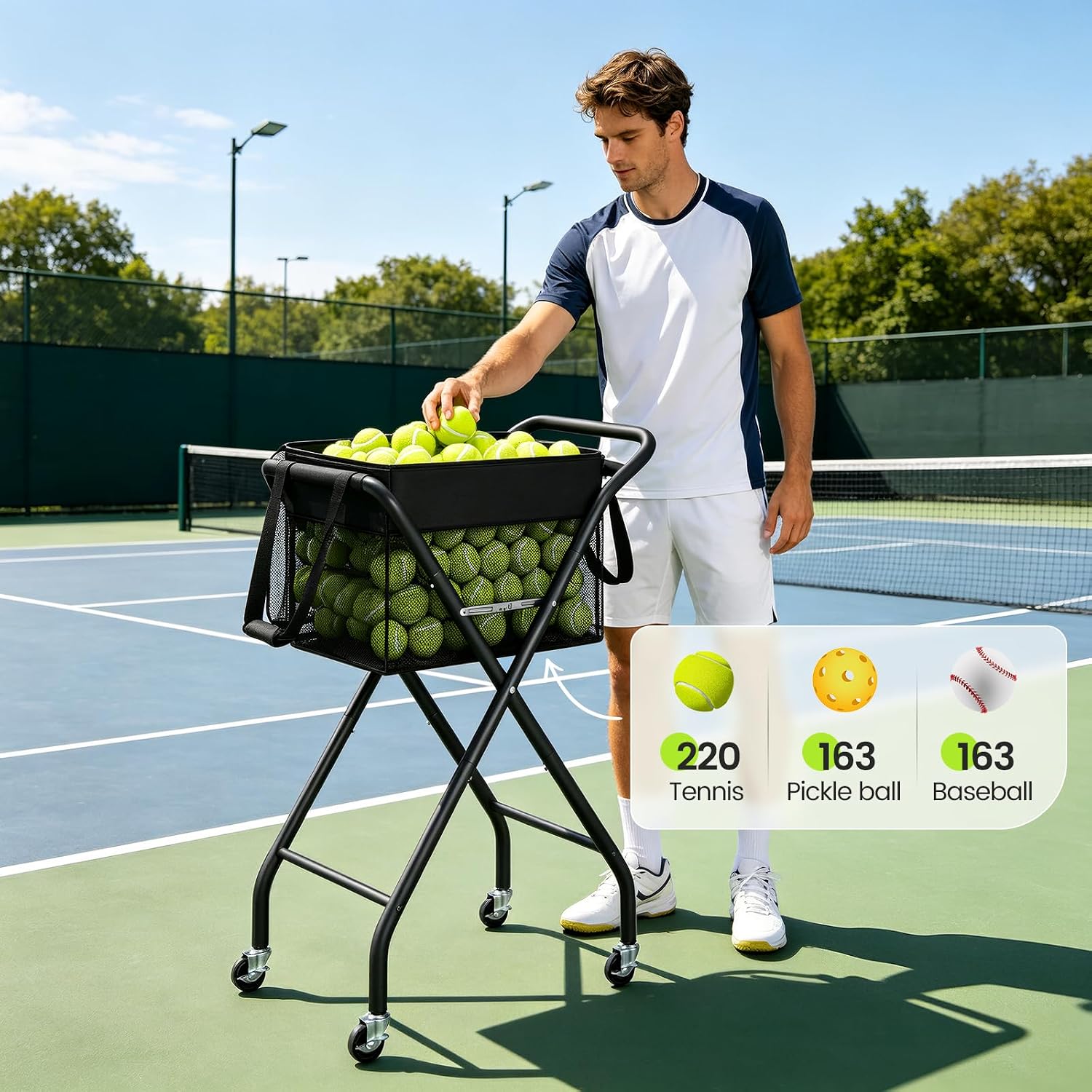 ELYKEN Tennis Ball Hopper with Wheels, Holds 220 Tennis Balls or 160 Pickleballs, Foldable Ball Retriever Basket, Portable Ball Collector Caddy for Tennis & Pickleball Training, Practice and Storage - Image 3